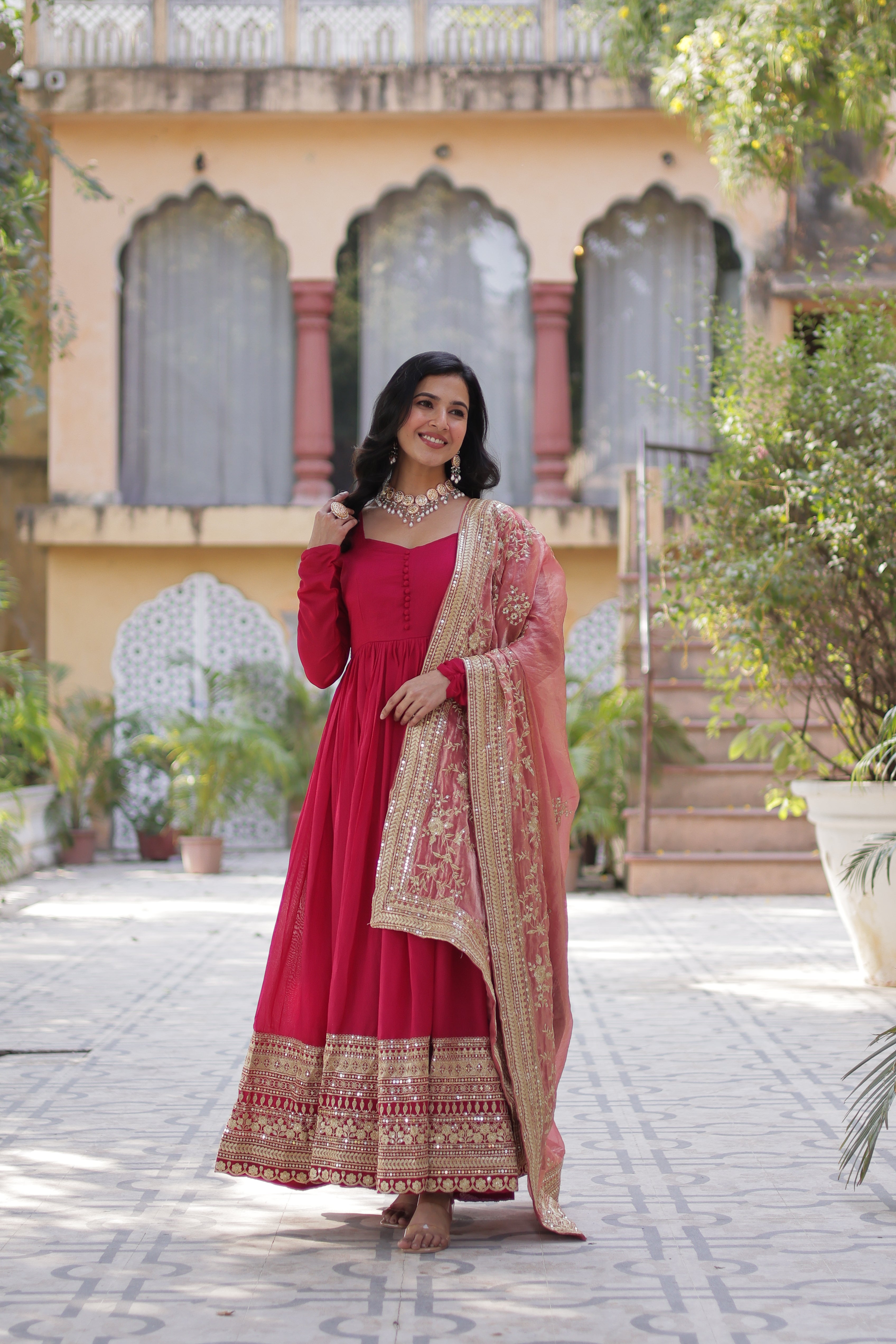 Red Anarkali Gown With Dupatta