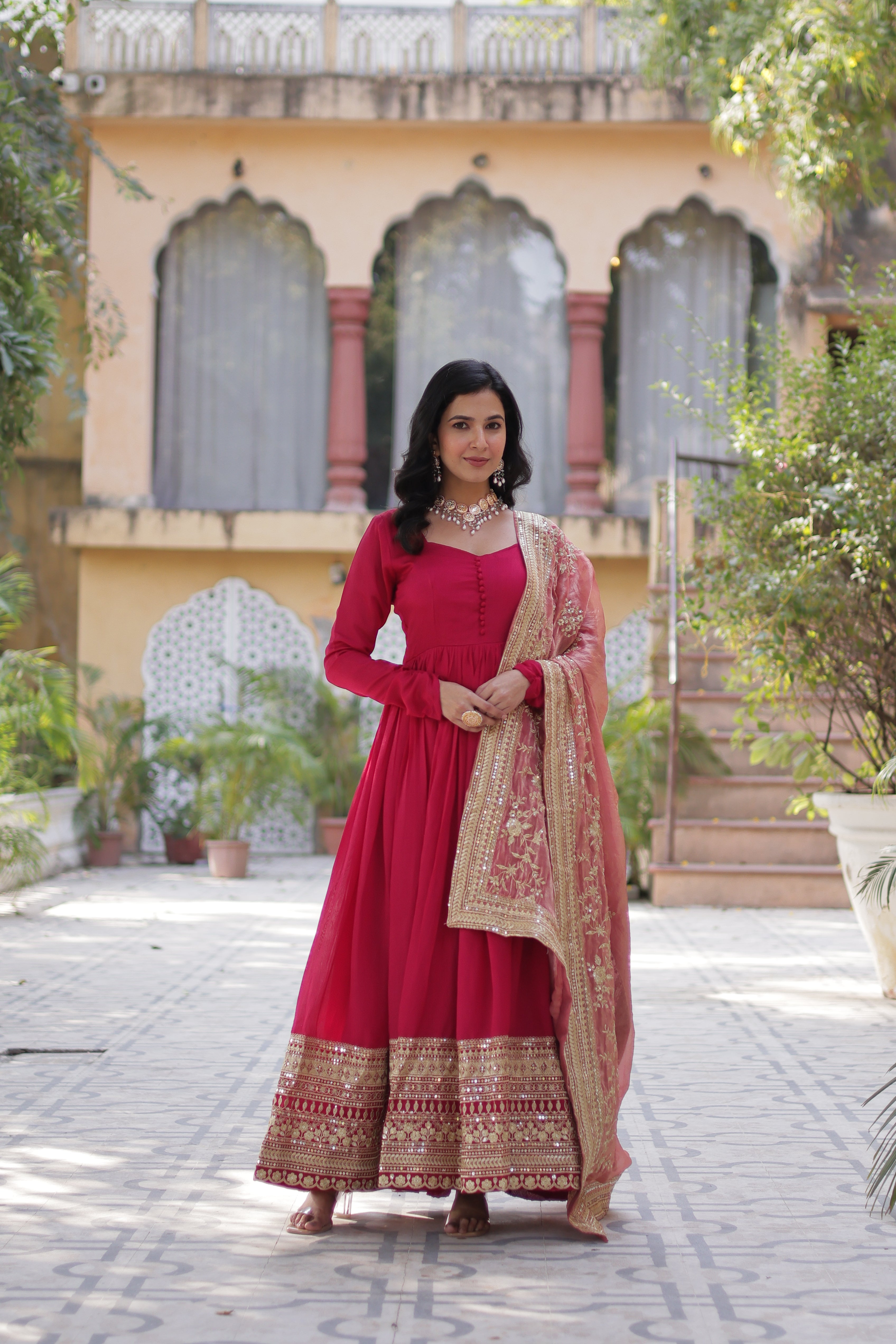Red Anarkali Gown With Dupatta