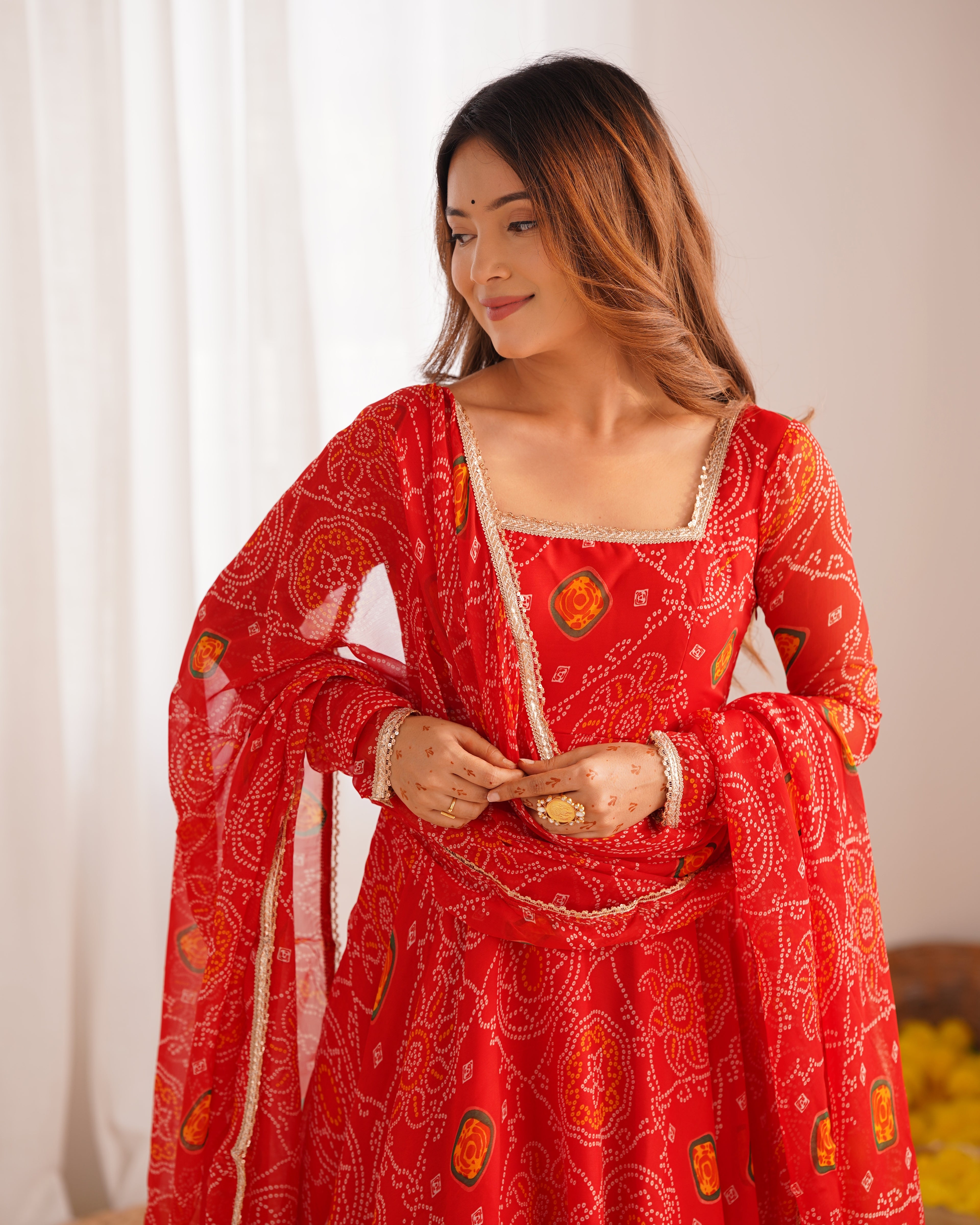 Red Bandhani Printed Anarkali Suit 1