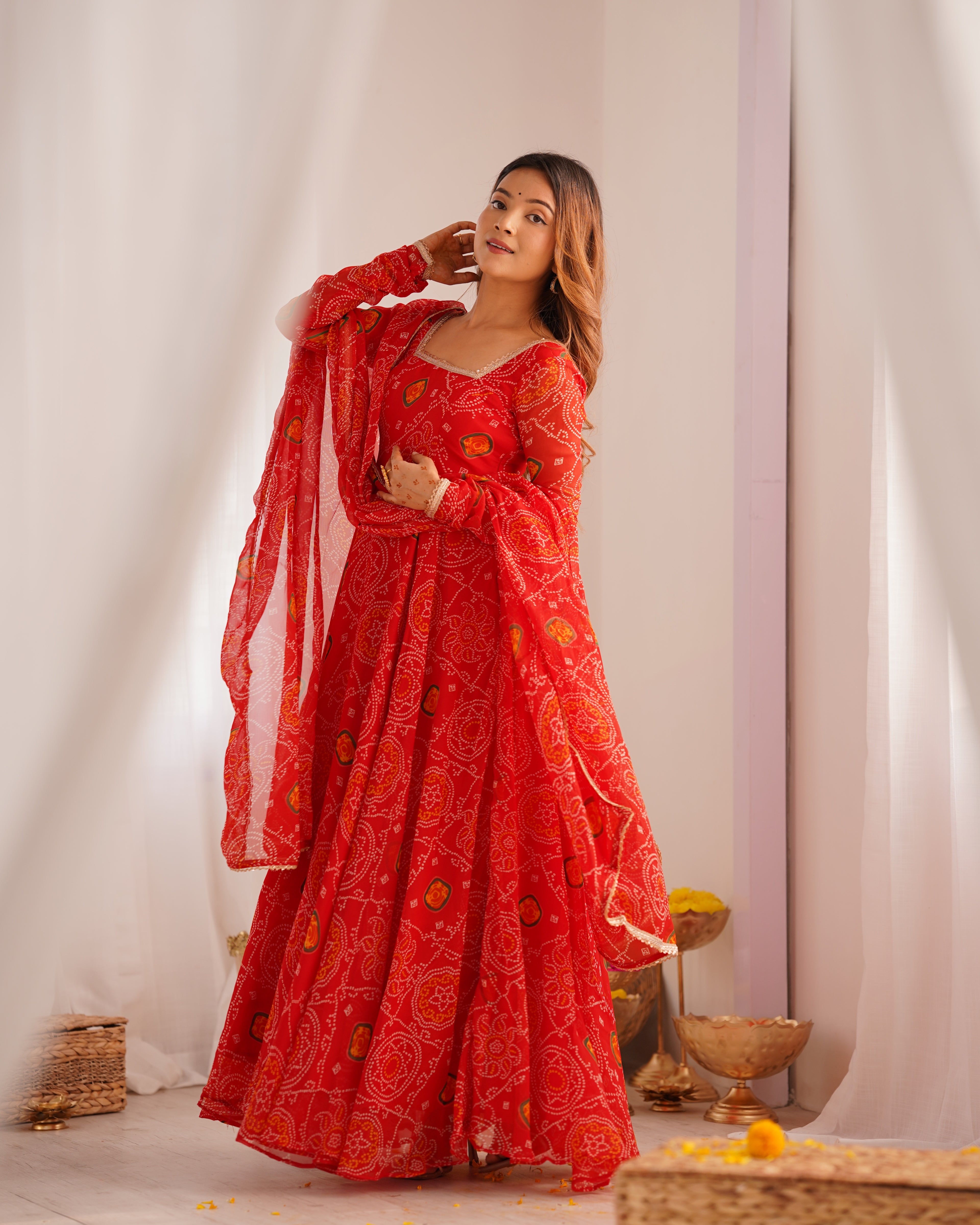 Red Bandhani Printed Anarkali Suit 11