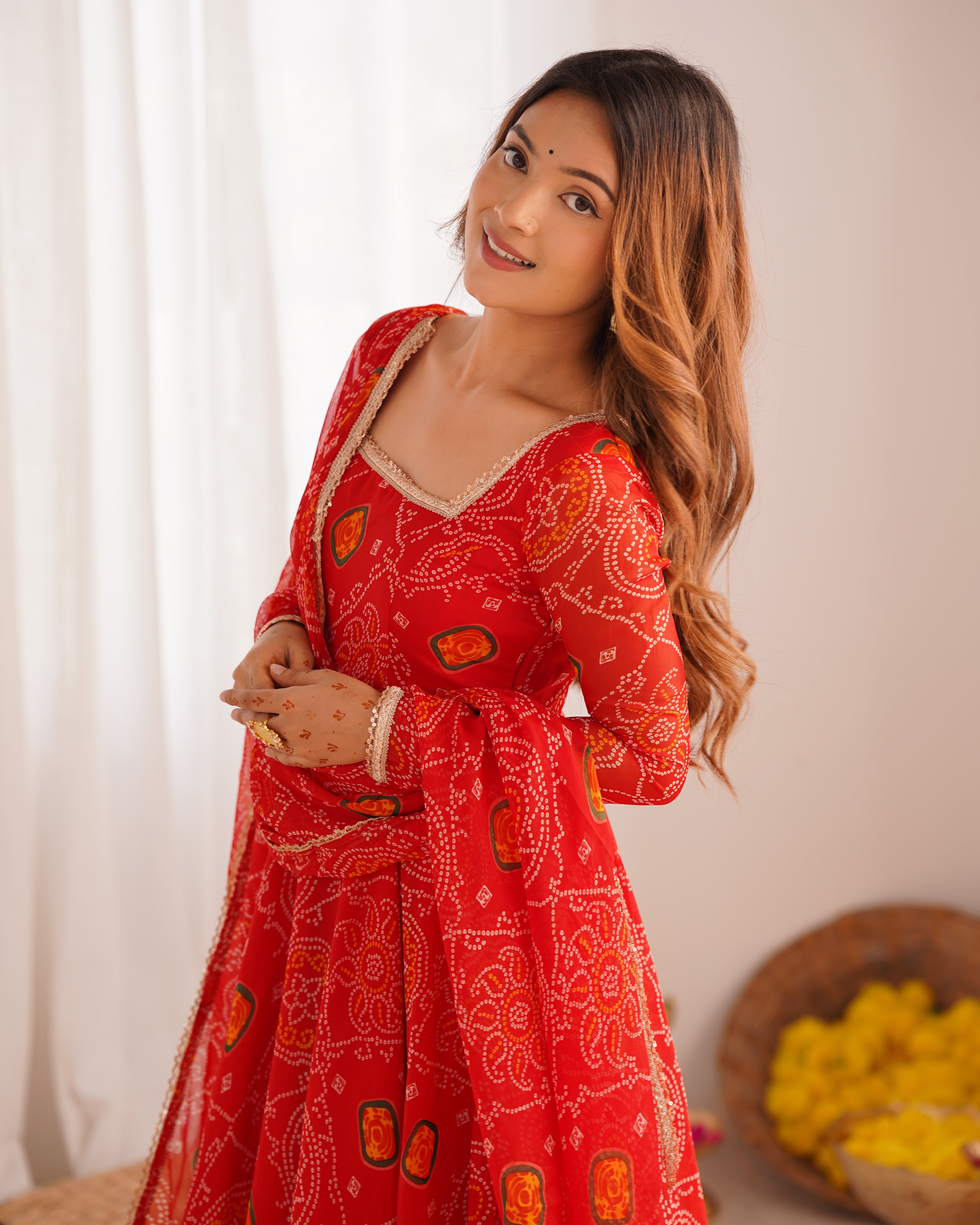 Red Bandhani Printed Anarkali Suit 2