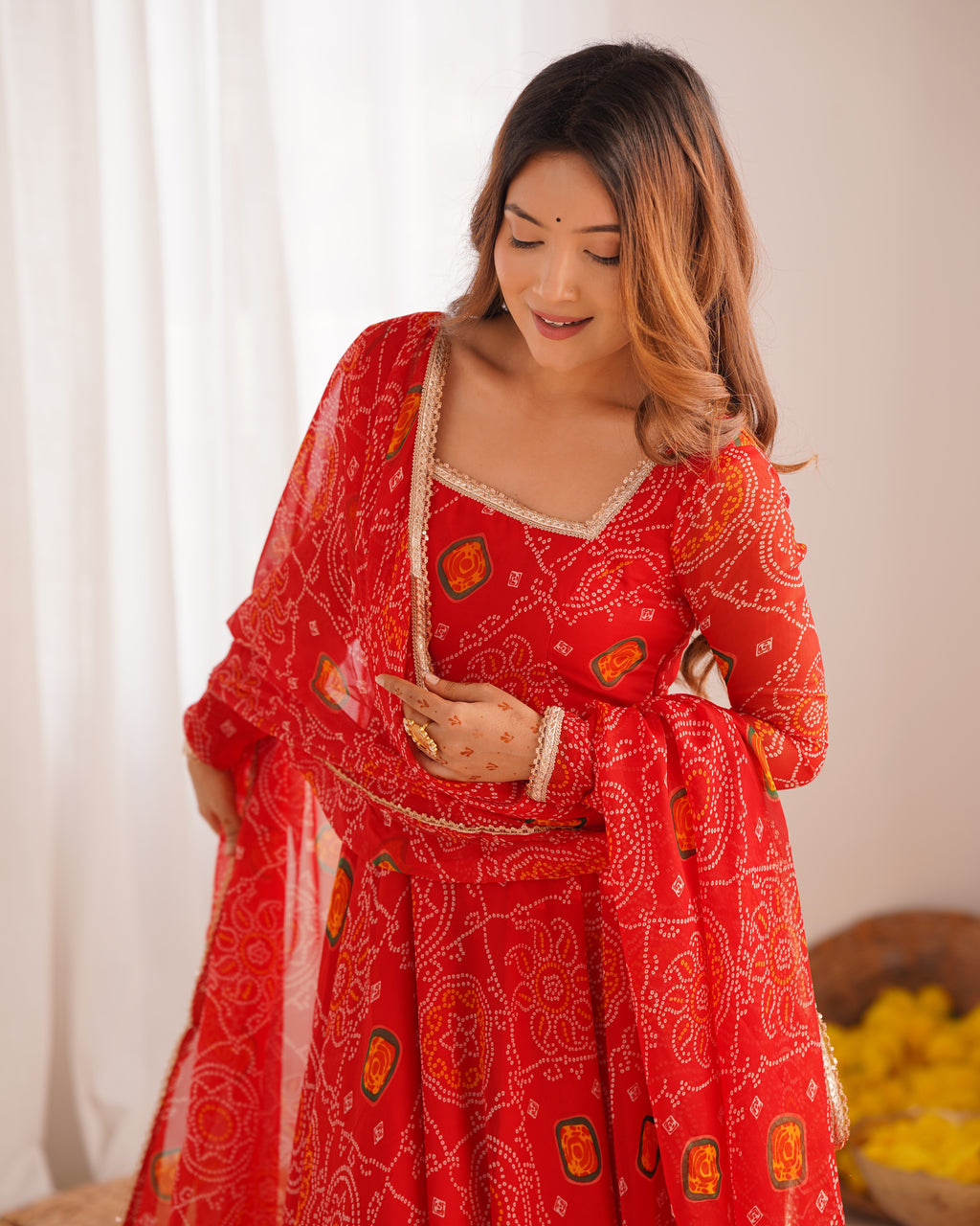 Red Bandhani Printed Anarkali Suit 3