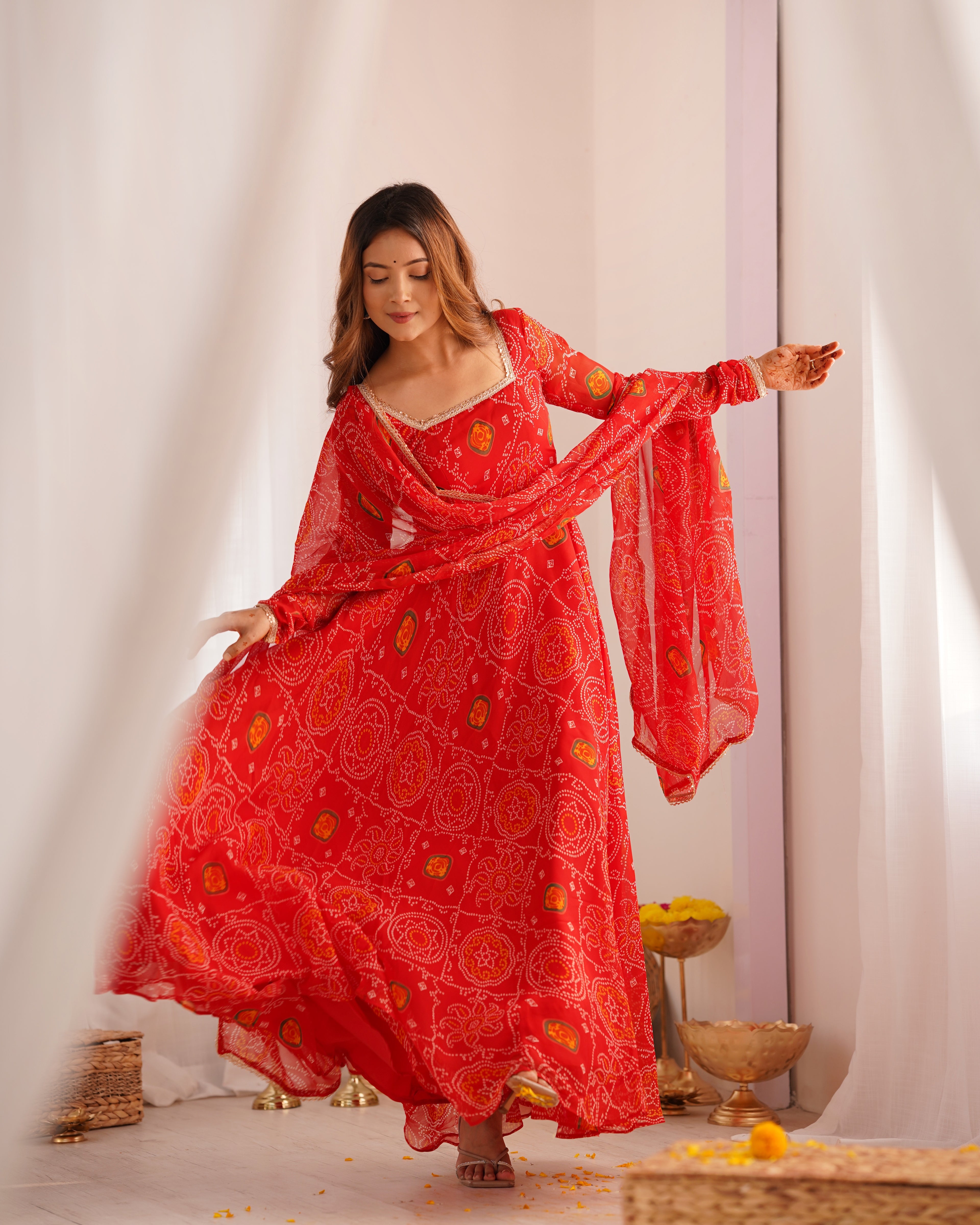 Red Bandhani Printed Anarkali Suit 7