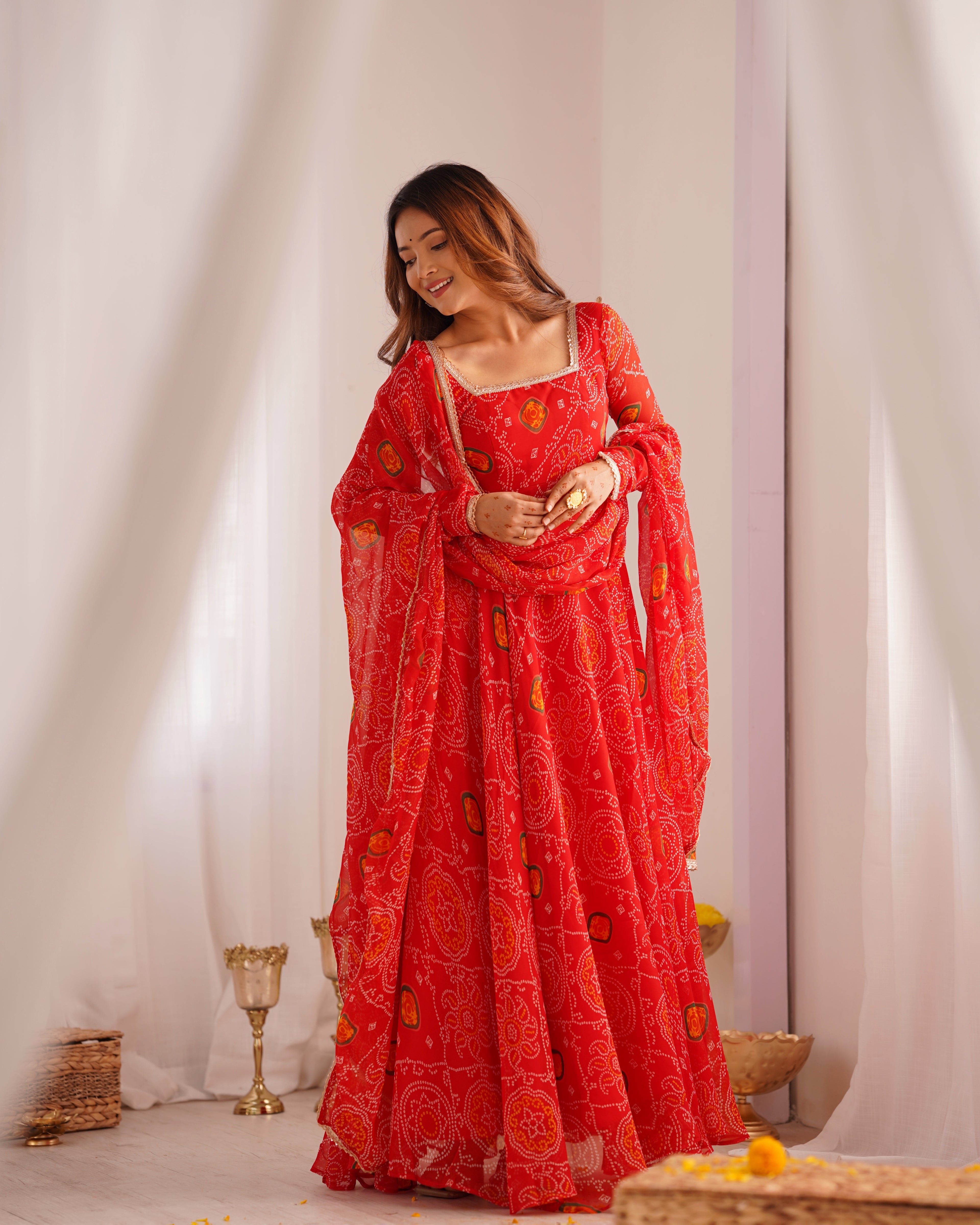 Red Bandhani Printed Anarkali Suit 8
