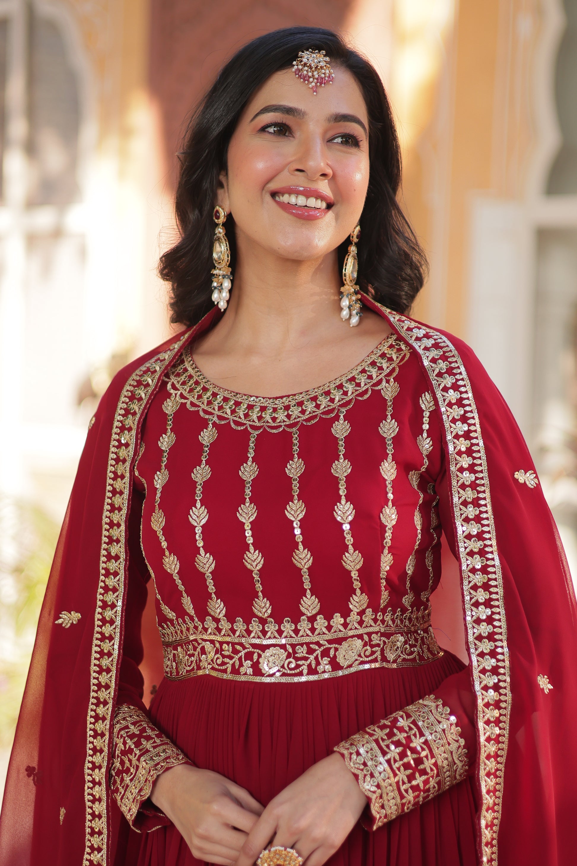 Red Faux Georgette Embroidery Ethnic Dress With Dupatta