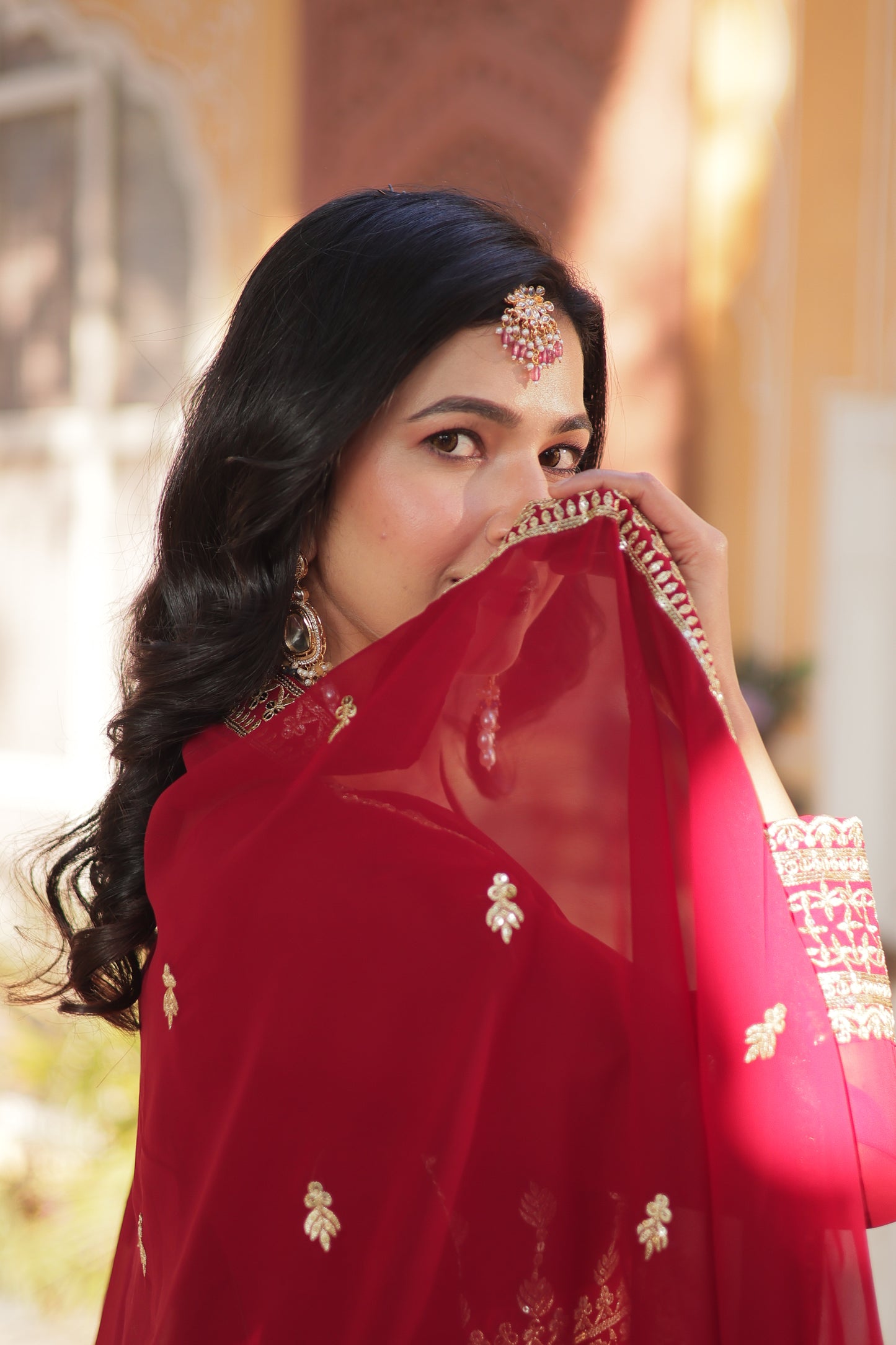 Red Faux Georgette Embroidery Ethnic Dress With Dupatta