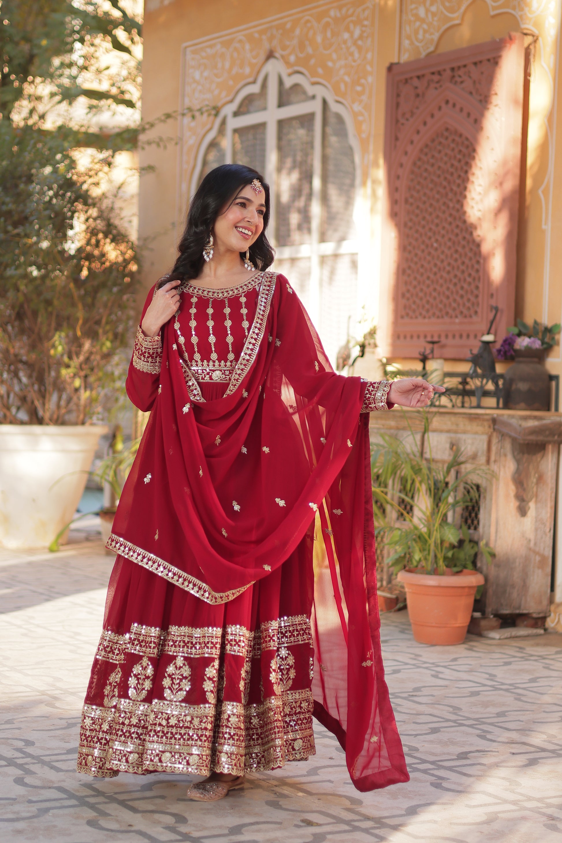 Red Faux Georgette Embroidery Ethnic Dress With Dupatta