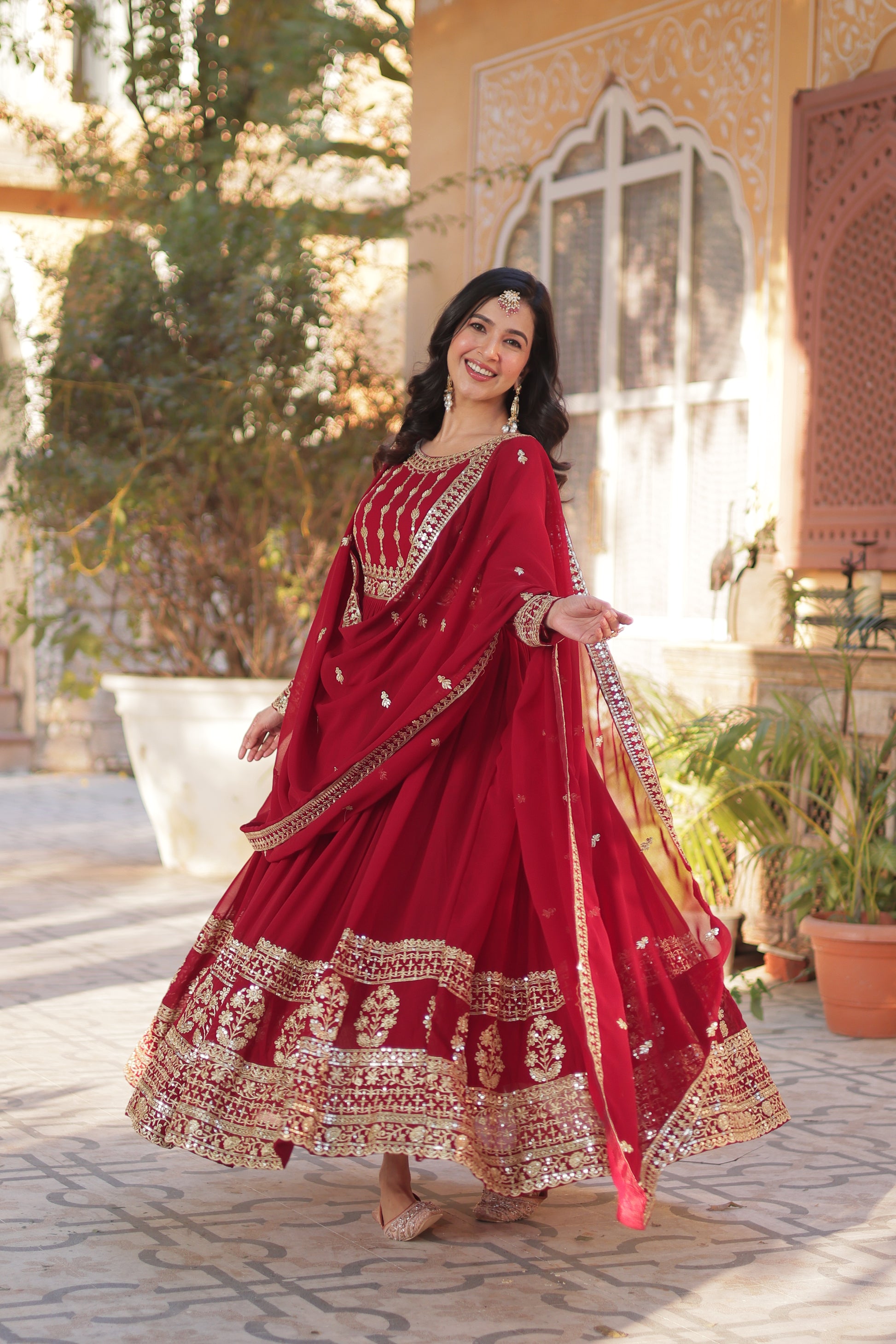 Red Faux Georgette Embroidery Ethnic Dress With Dupatta