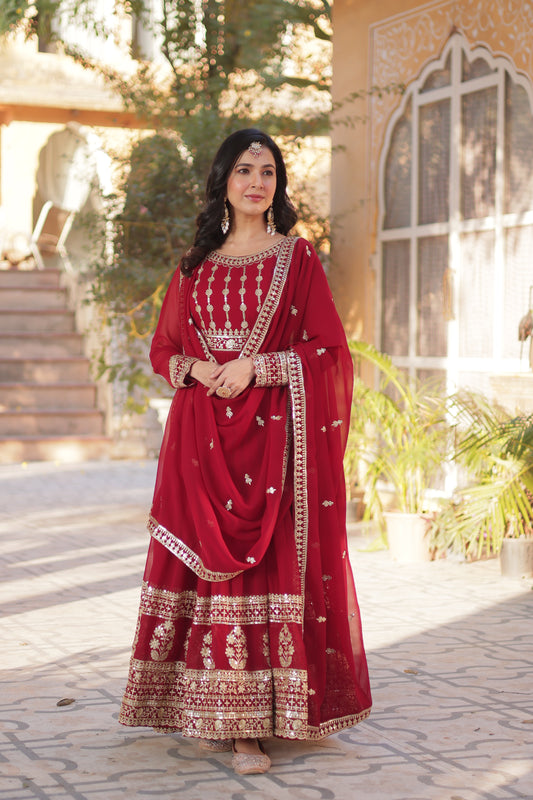 Red Faux Georgette Embroidery Ethnic Dress With Dupatta