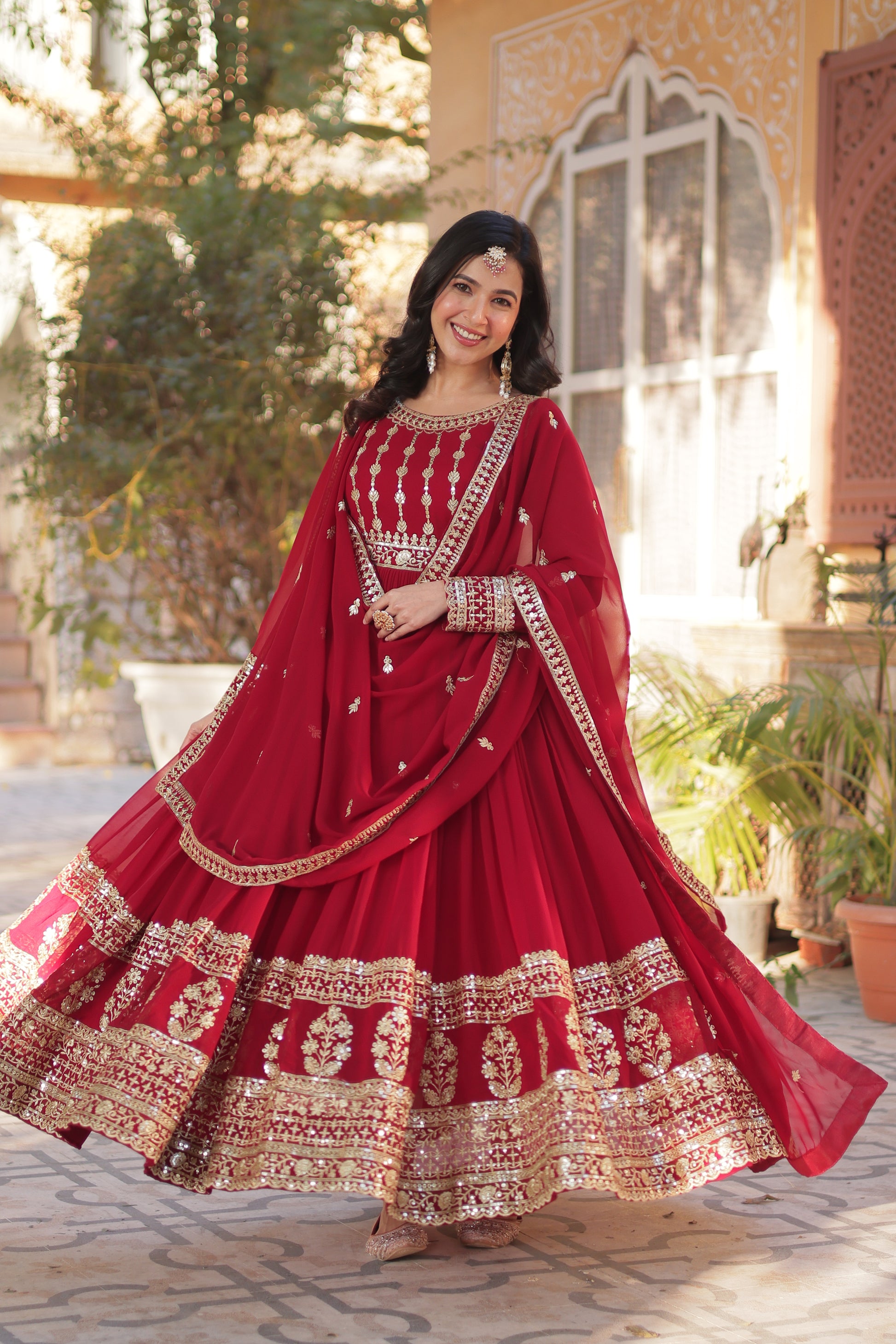 Red Faux Georgette Embroidery Ethnic Dress With Dupatta