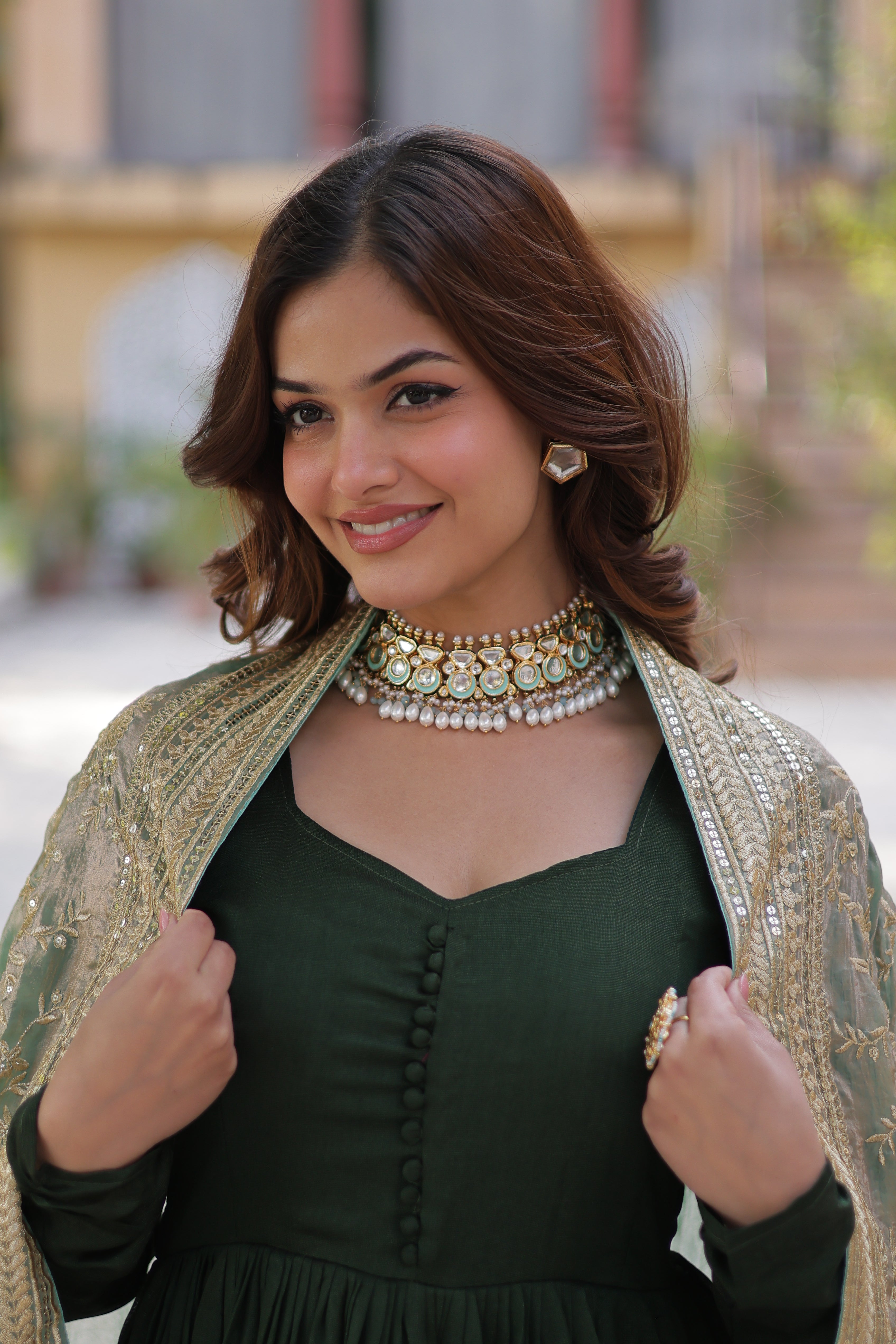 Silk Embroidered Green Ethnic Dress
