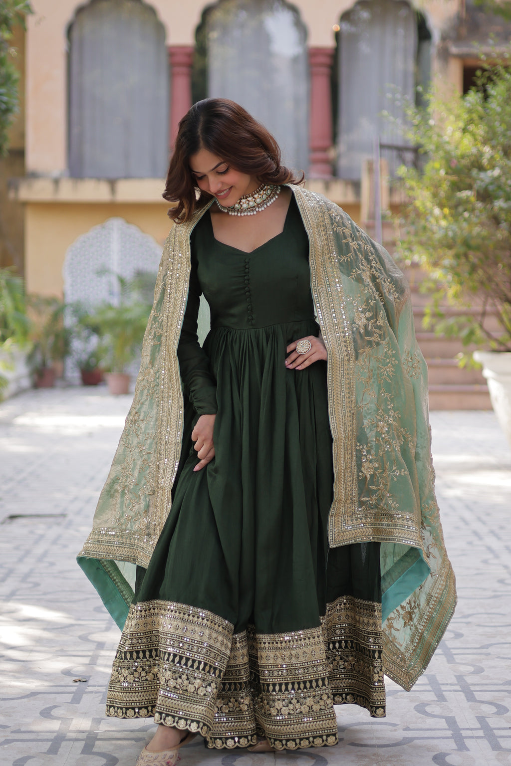 Silk Embroidered Green Ethnic Dress
