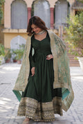 Silk Embroidered Green Ethnic Dress
