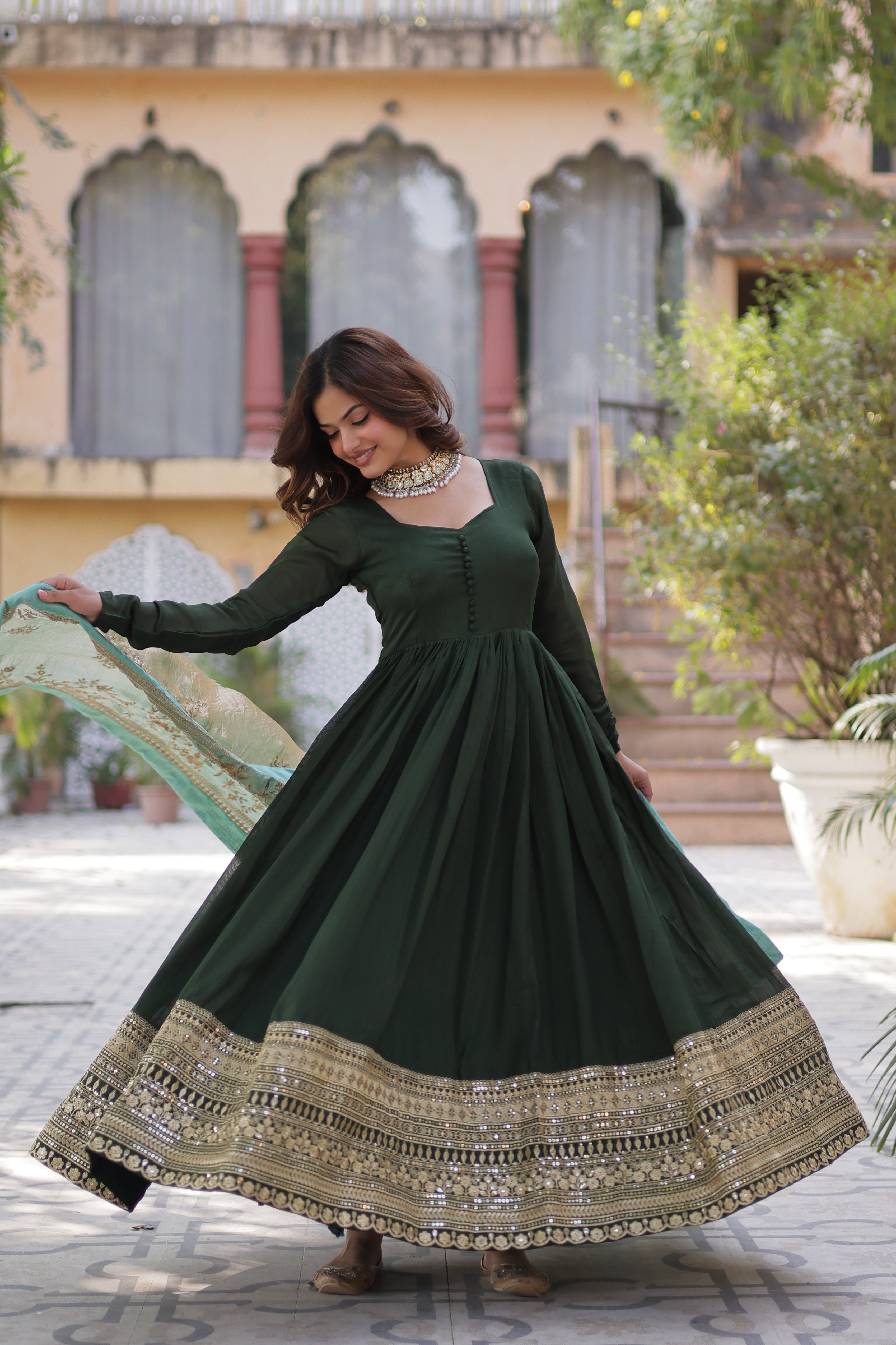 Silk Embroidered Green Ethnic Dress
