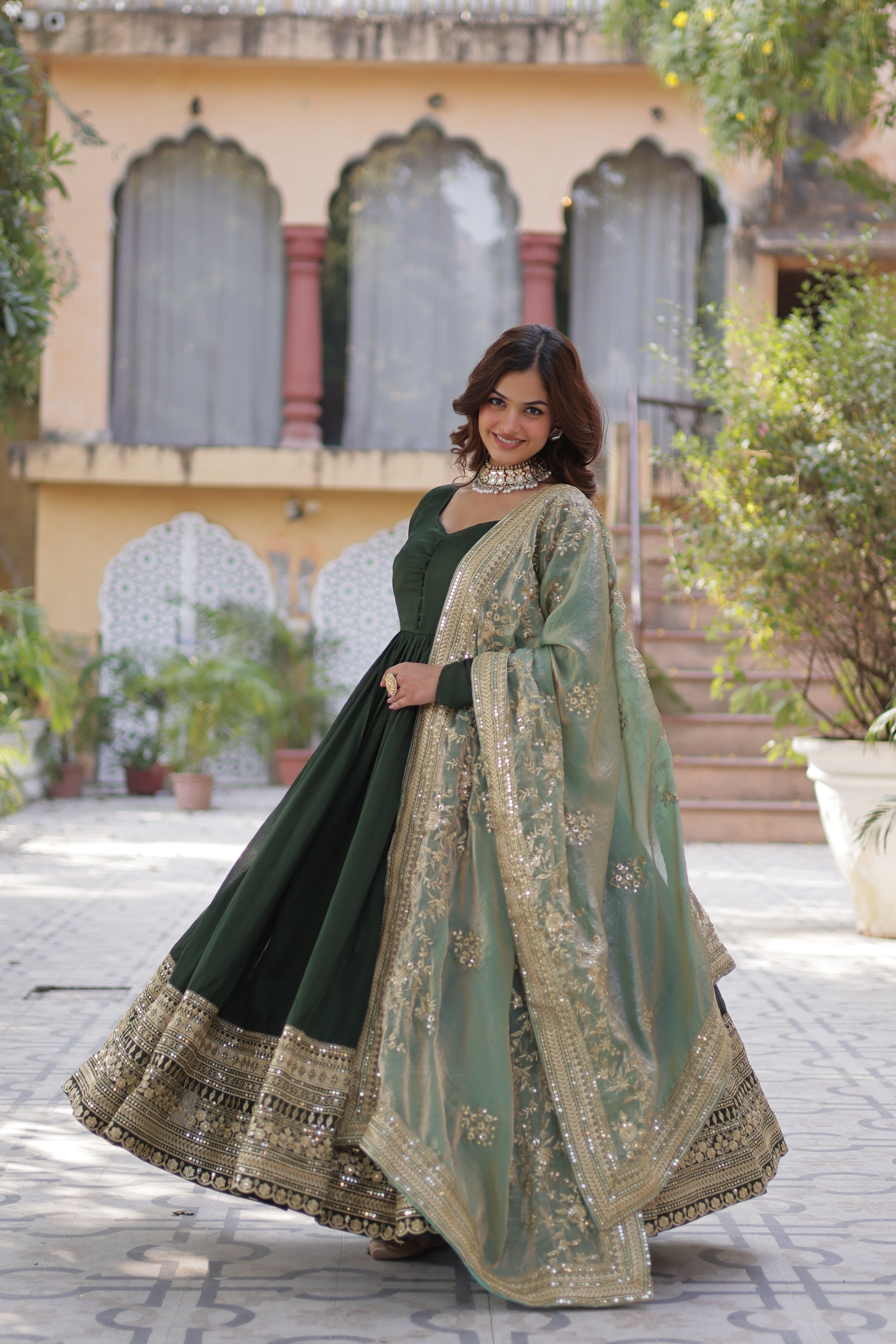 Silk Embroidered Green Ethnic Dress
