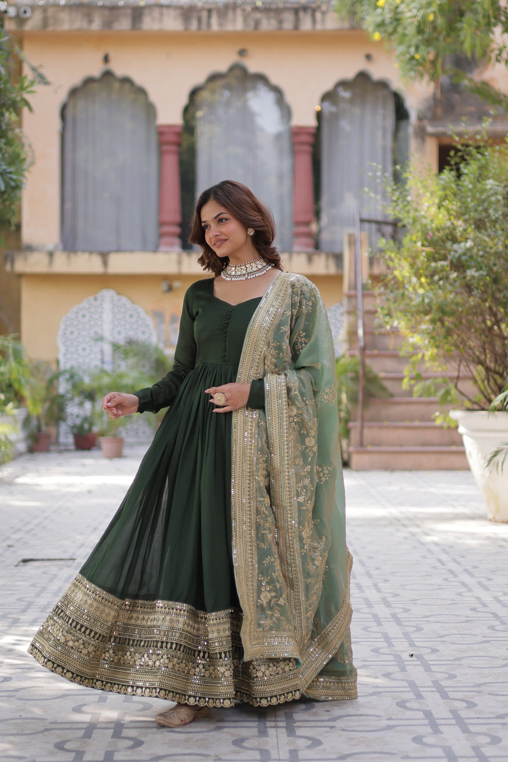 Silk Embroidered Green Ethnic Dress
