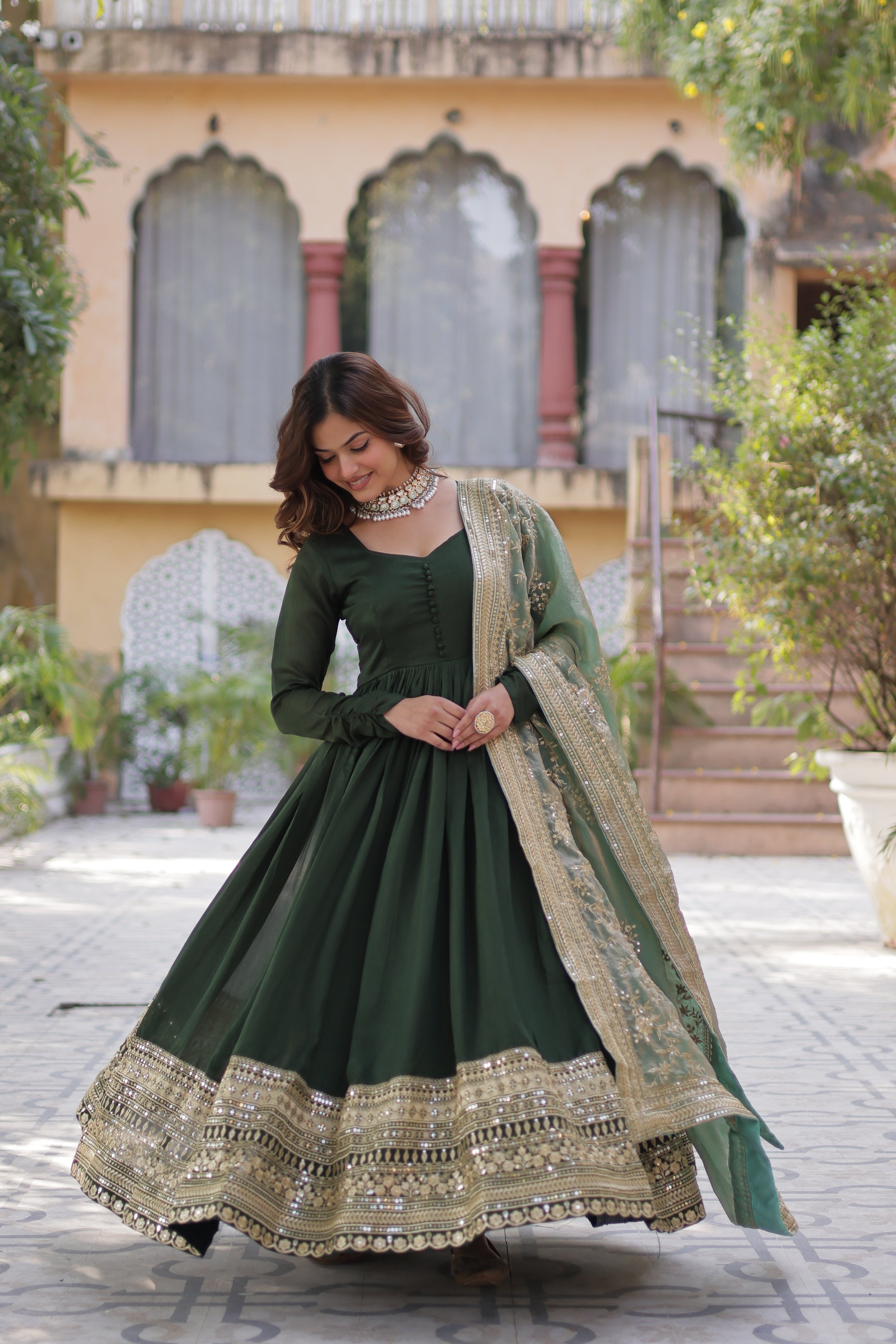 Silk Embroidered Green Ethnic Dress
