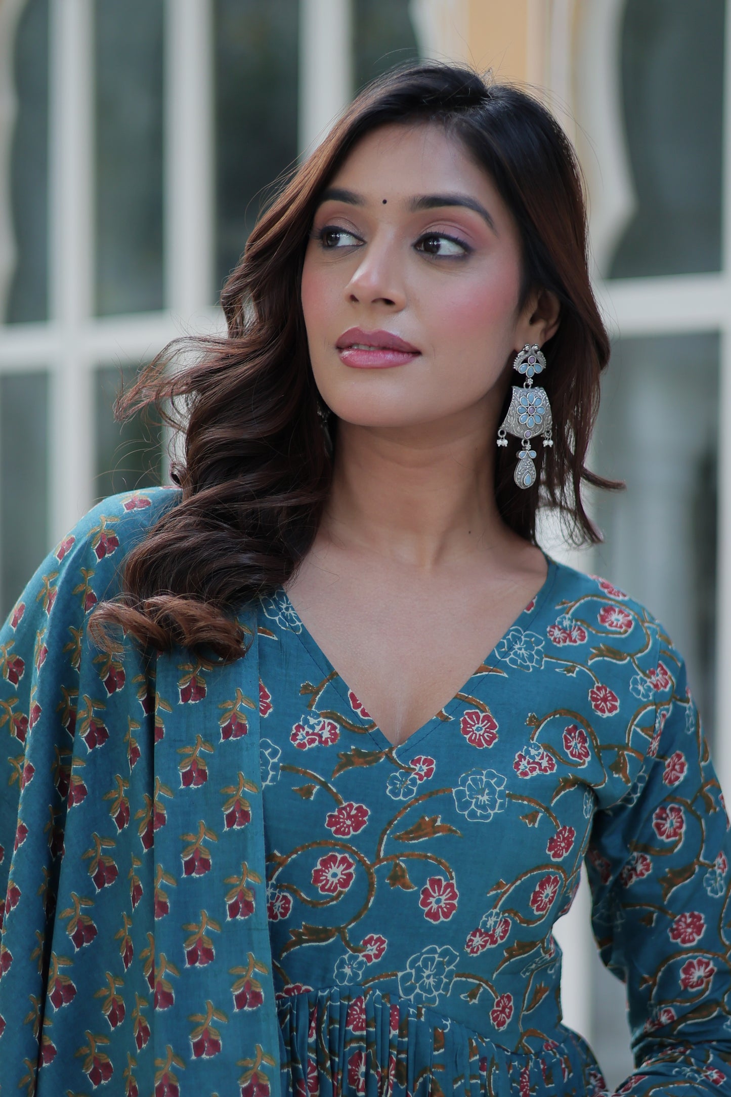 Sky Blue Cotton Printed Office Wear Kurti Set