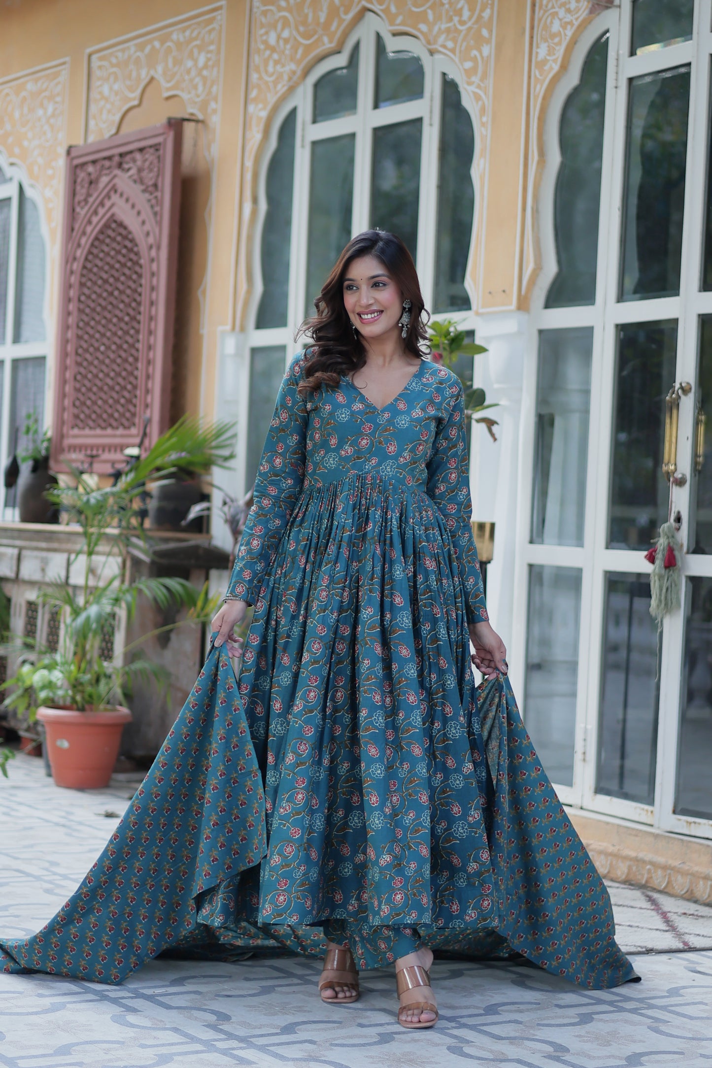 Sky Blue Cotton Printed Office Wear Kurti Set