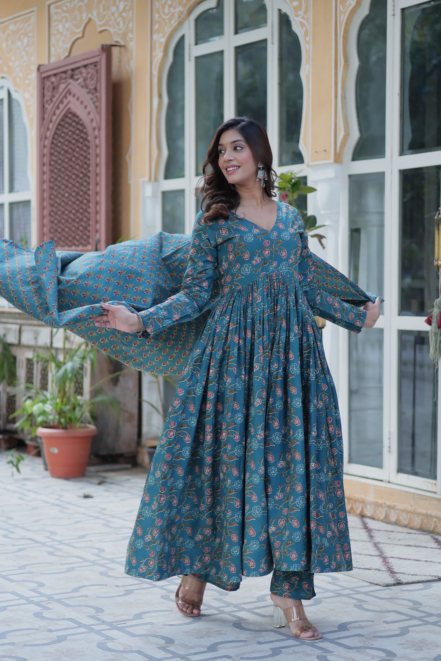 Sky Blue Cotton Printed Office Wear Kurti Set