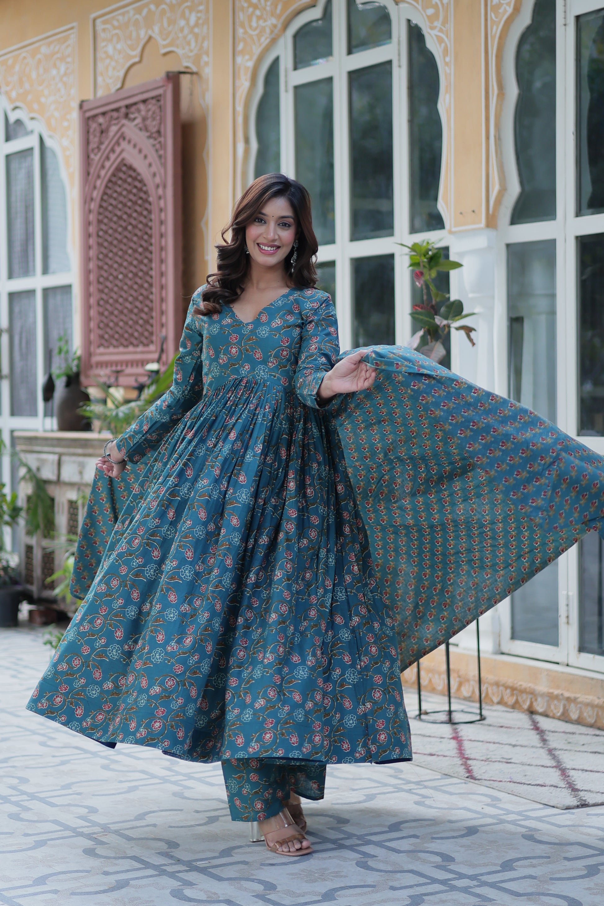 Sky Blue Cotton Printed Office Wear Kurti Set
