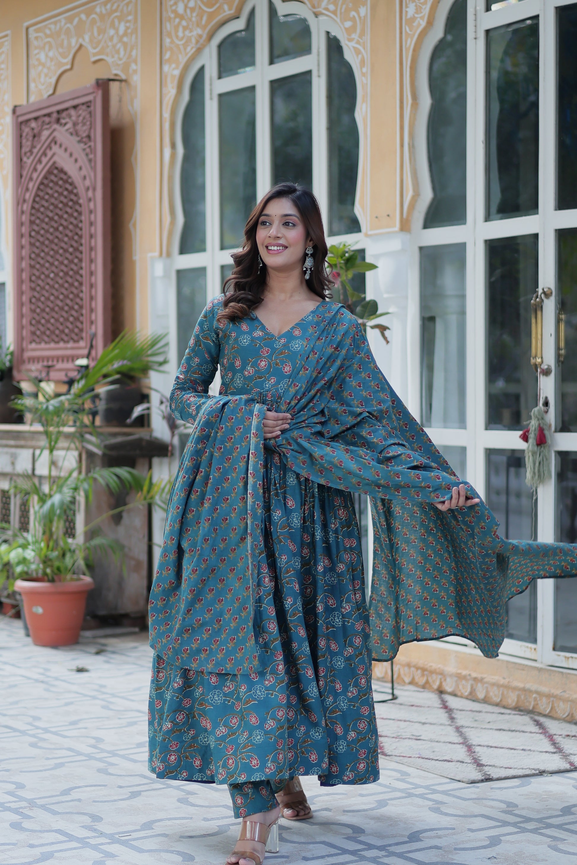Sky Blue Cotton Printed Office Wear Kurti Set