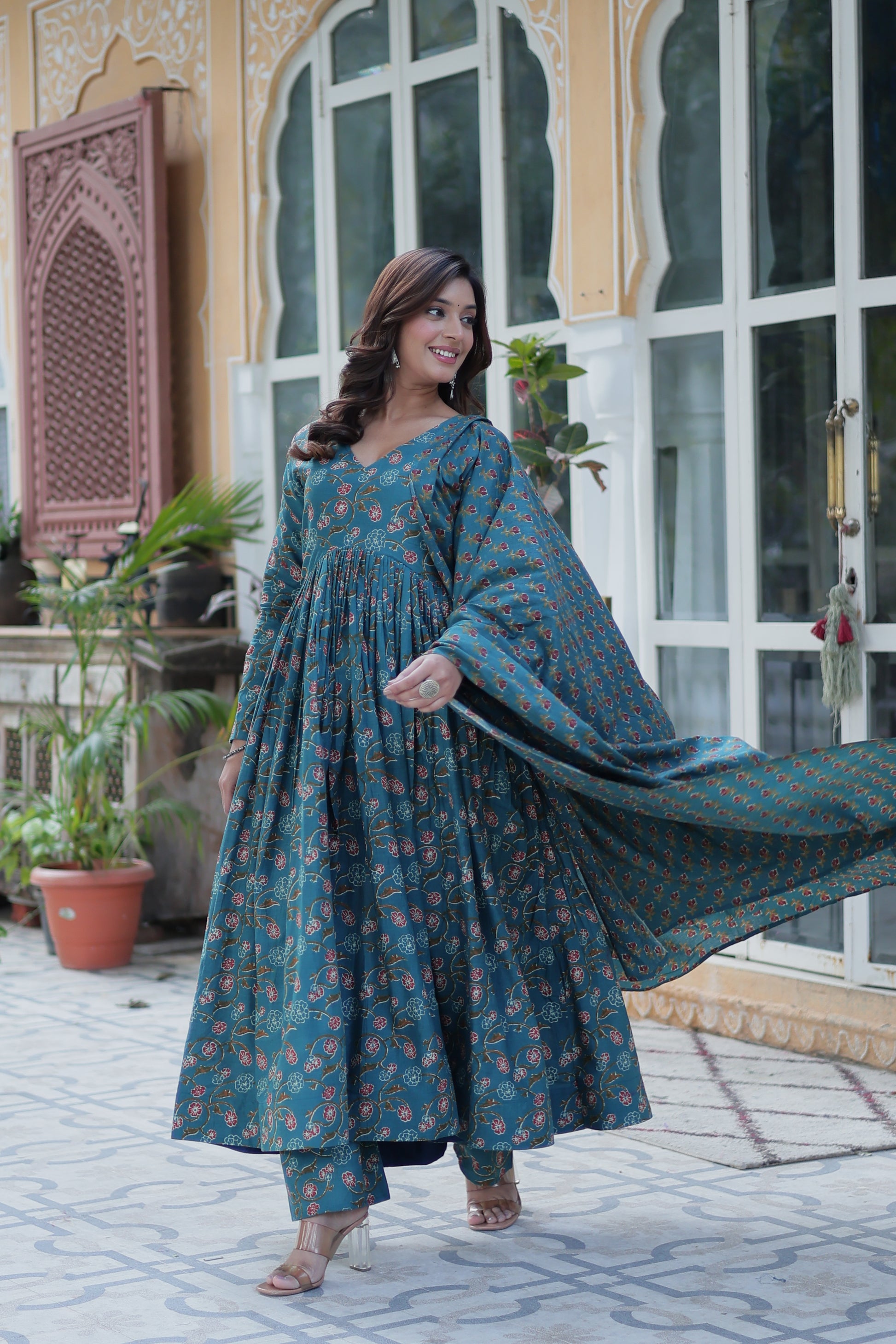 Sky Blue Cotton Printed Office Wear Kurti Set