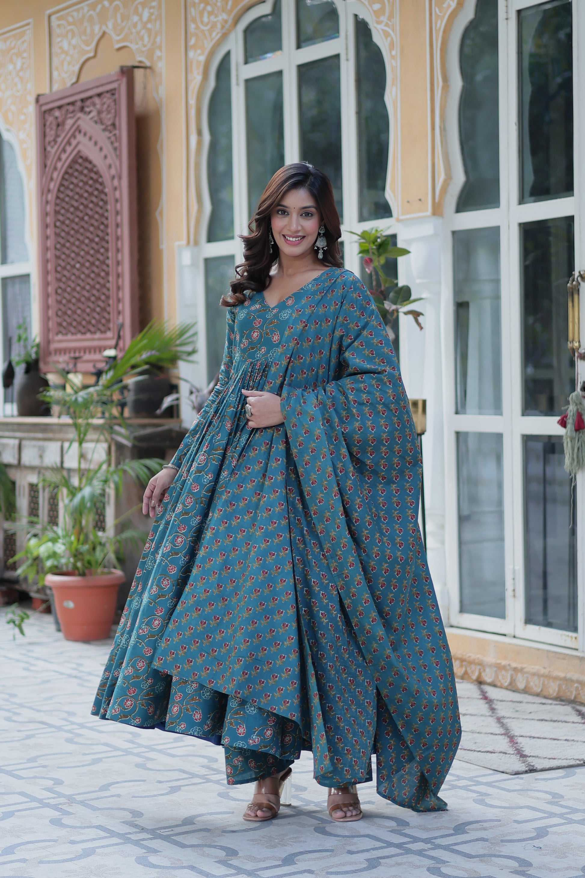 Sky Blue Cotton Printed Office Wear Kurti Set