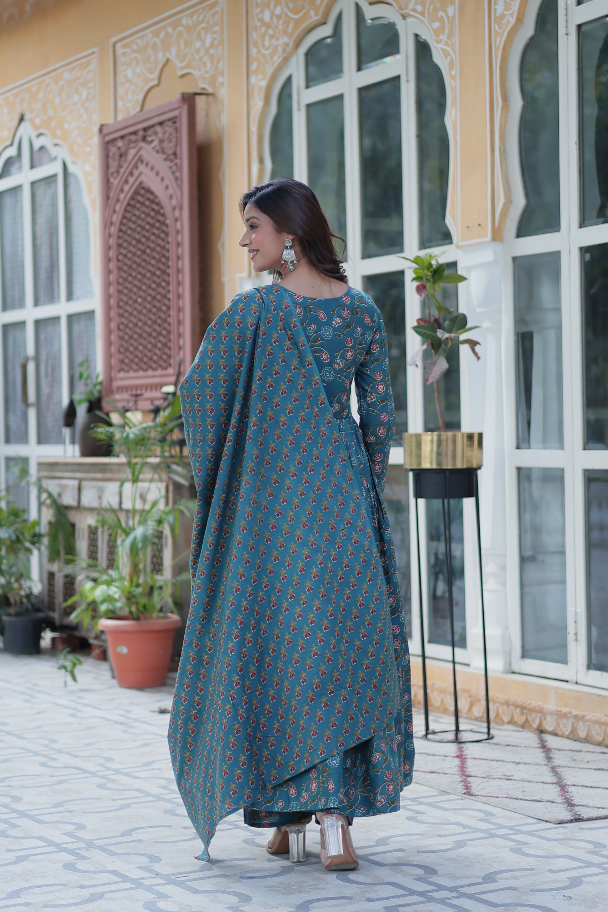 Sky Blue Cotton Printed Office Wear Kurti Set
