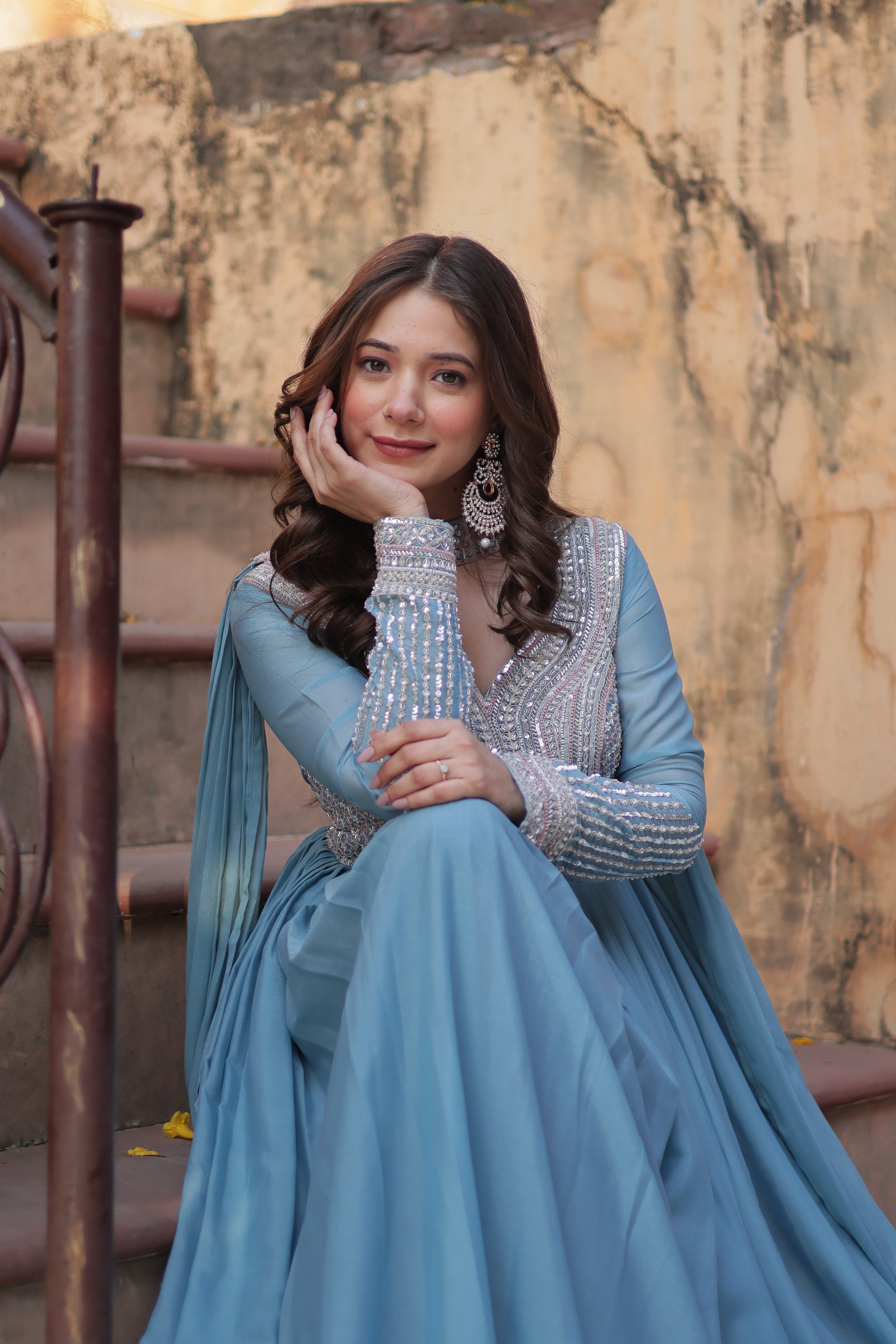 Sky Blue Sequins Georgette Dress