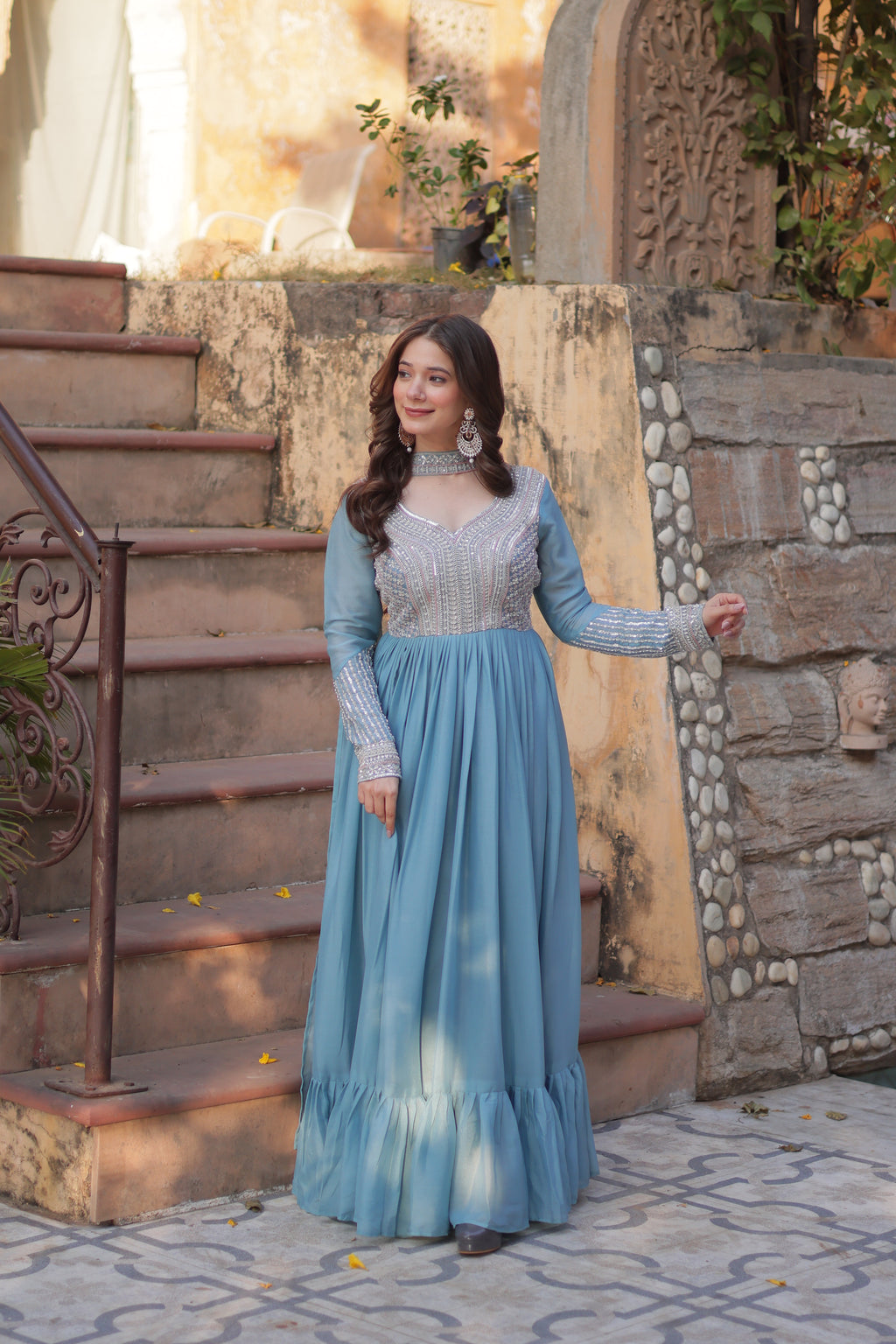 Sky Blue Sequins Georgette Dress