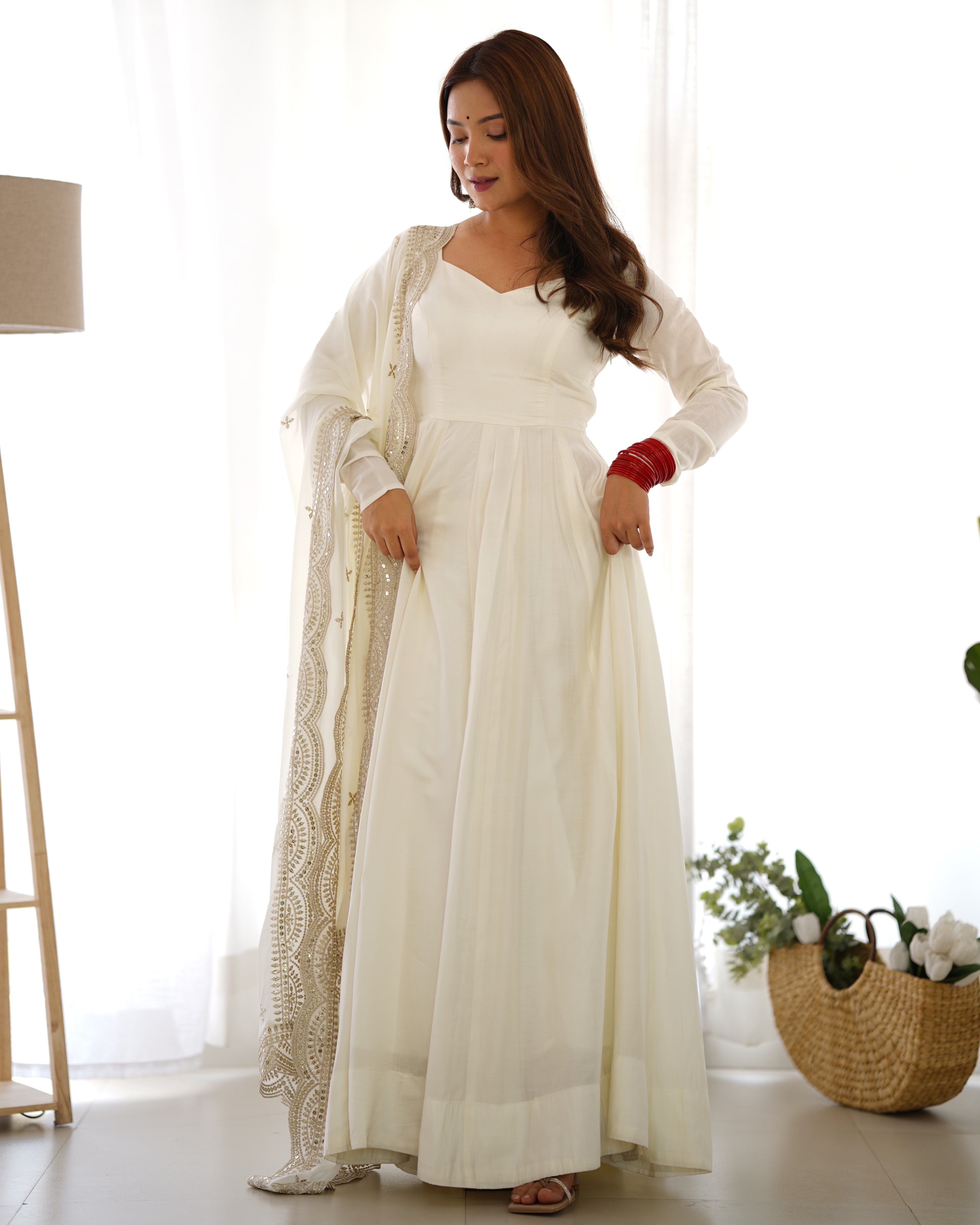 White Silk Anarkali Suit With Dupatta main