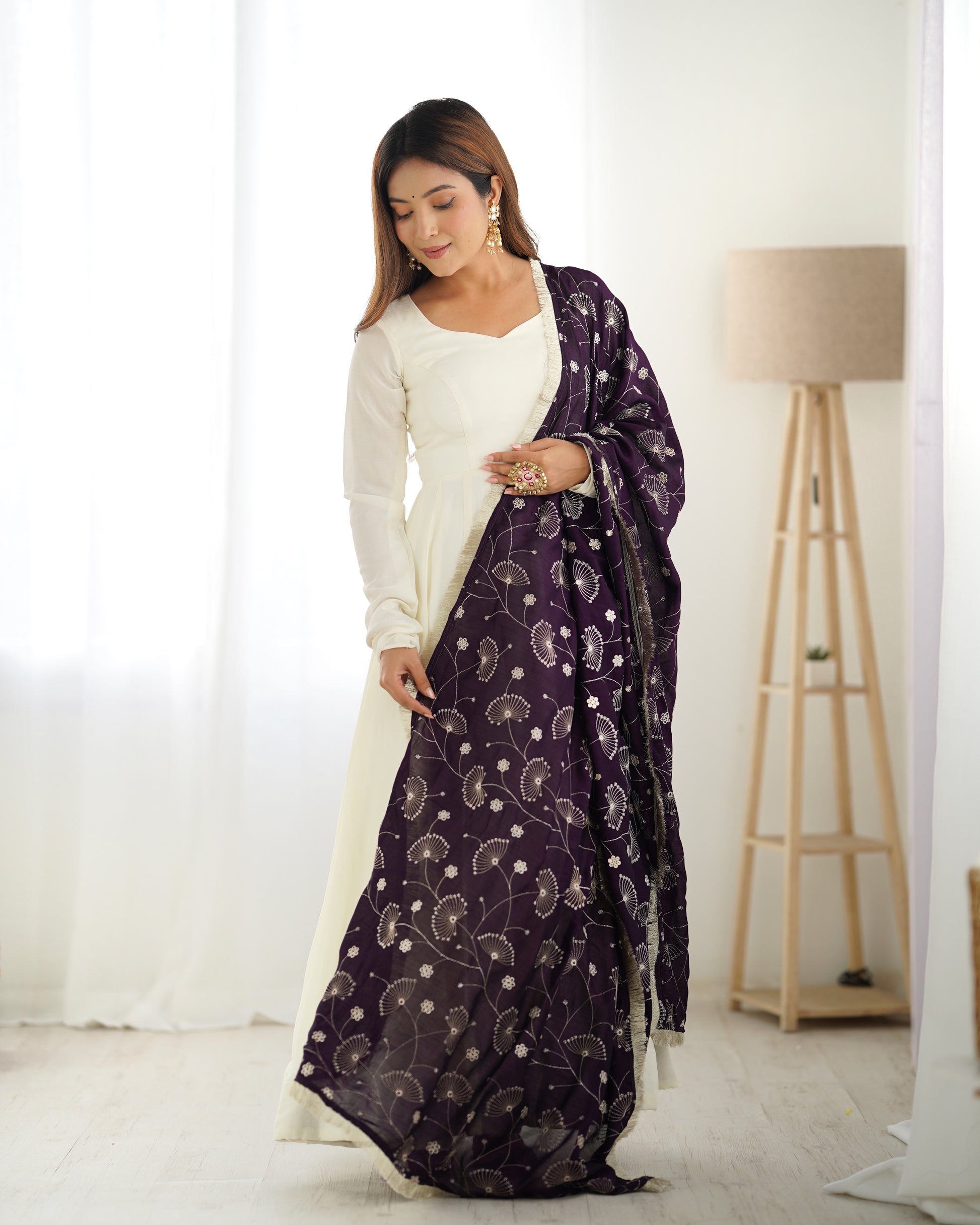 White Silk Anarkali Suit With Purple Dupatta 2