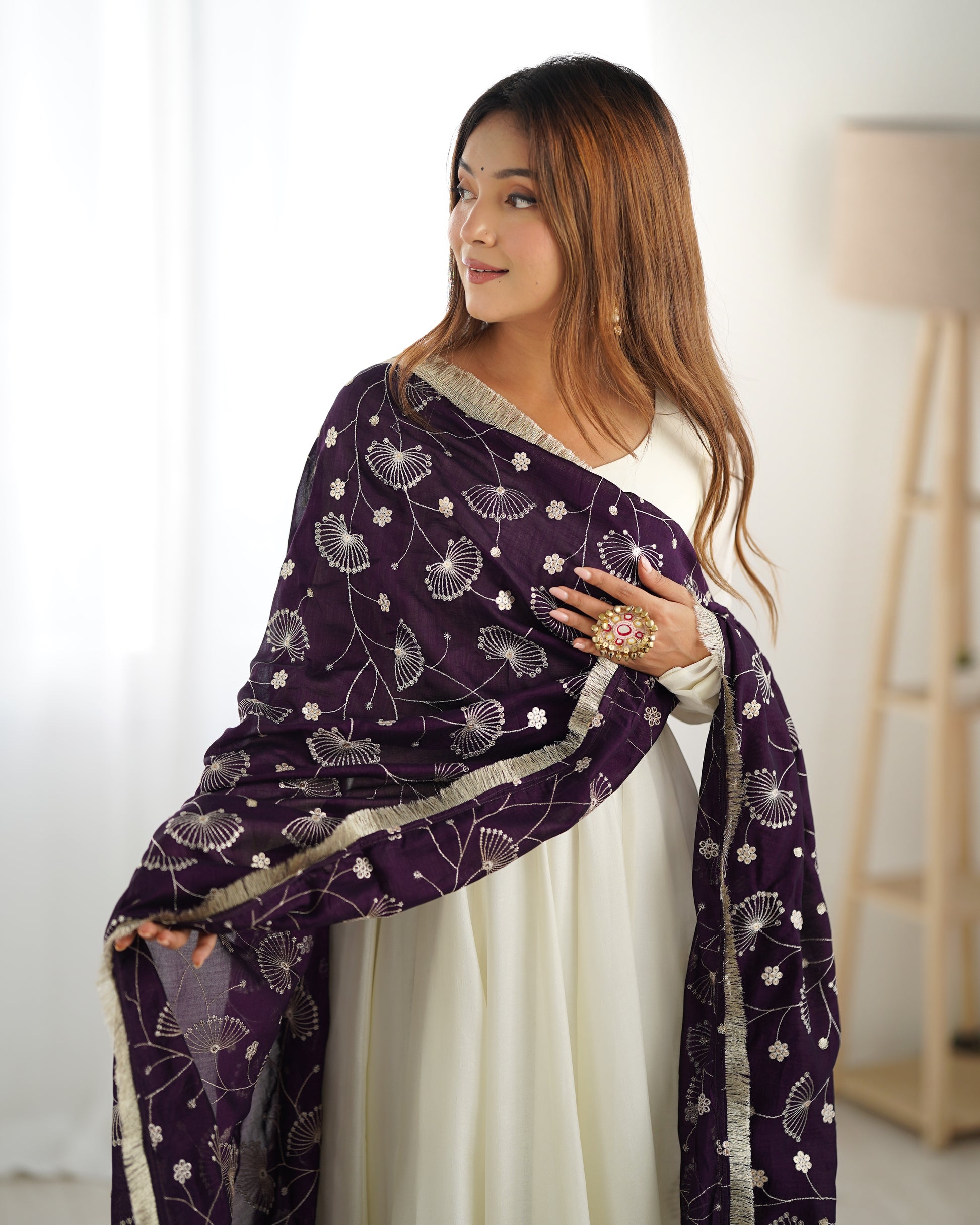 White Silk Anarkali Suit With Purple Dupatta 3