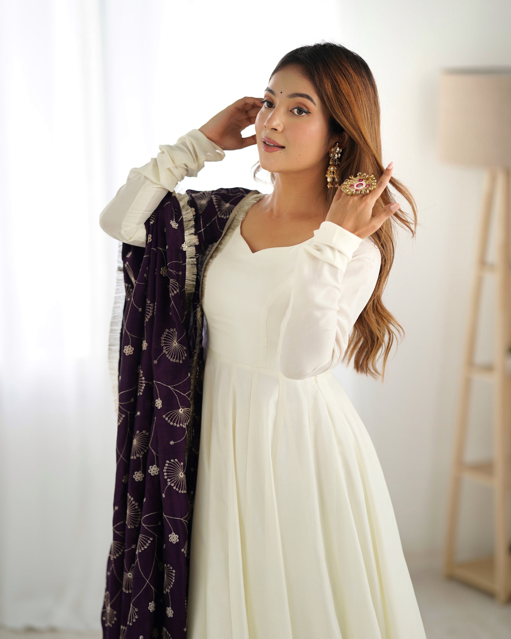 White Silk Anarkali Suit With Purple Dupatta 4