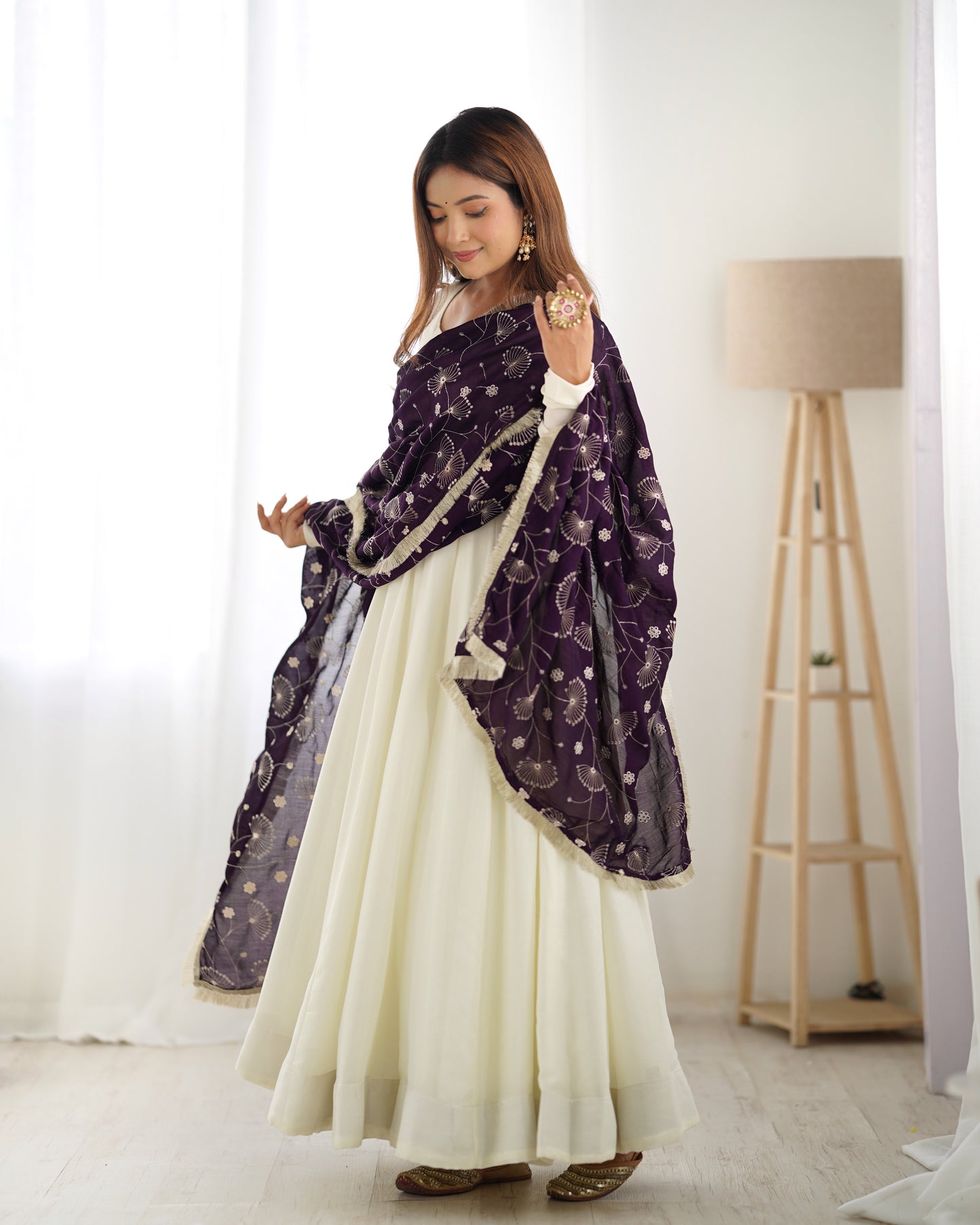 White Silk Anarkali Suit With Purple Dupatta 6
