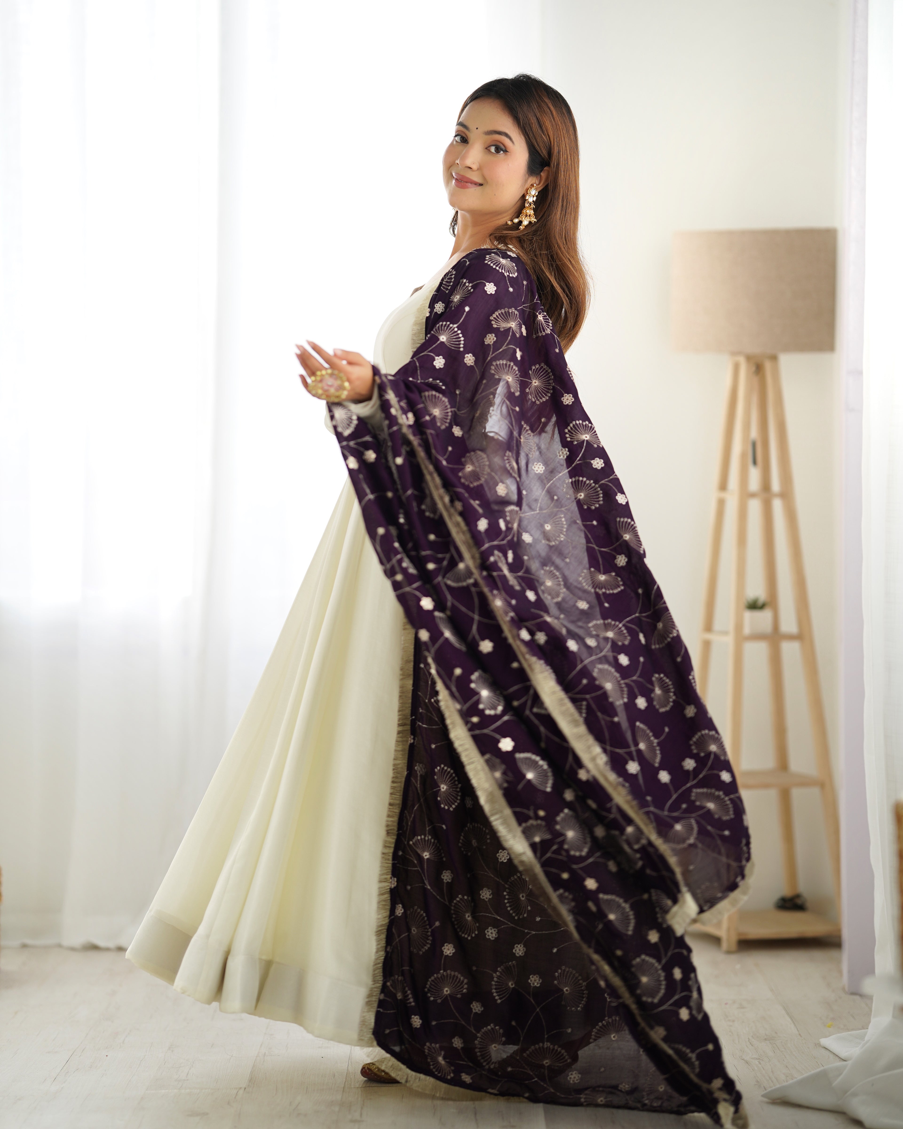 White Silk Anarkali Suit With Purple Dupatta 7