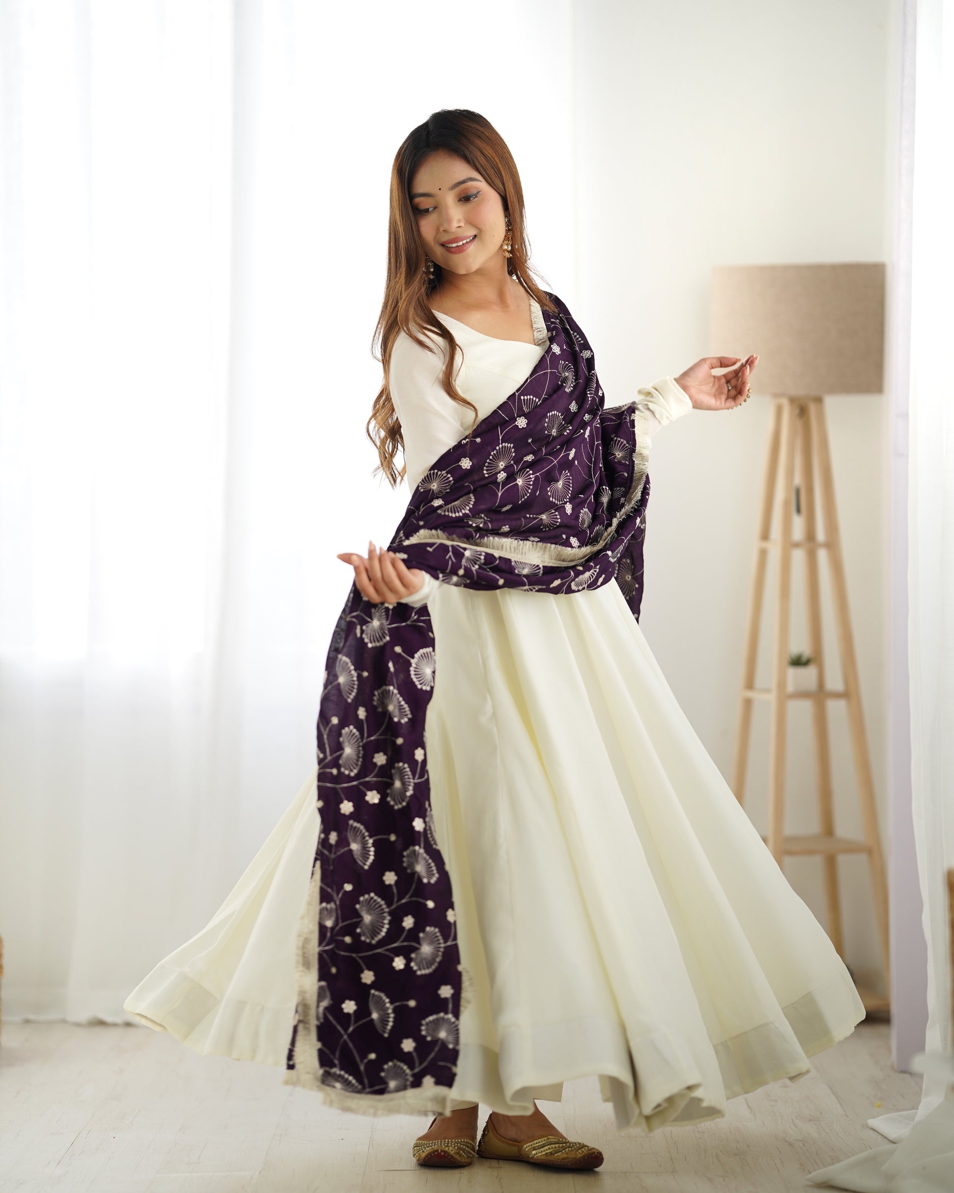 White Silk Anarkali Suit With Purple Dupatta 8