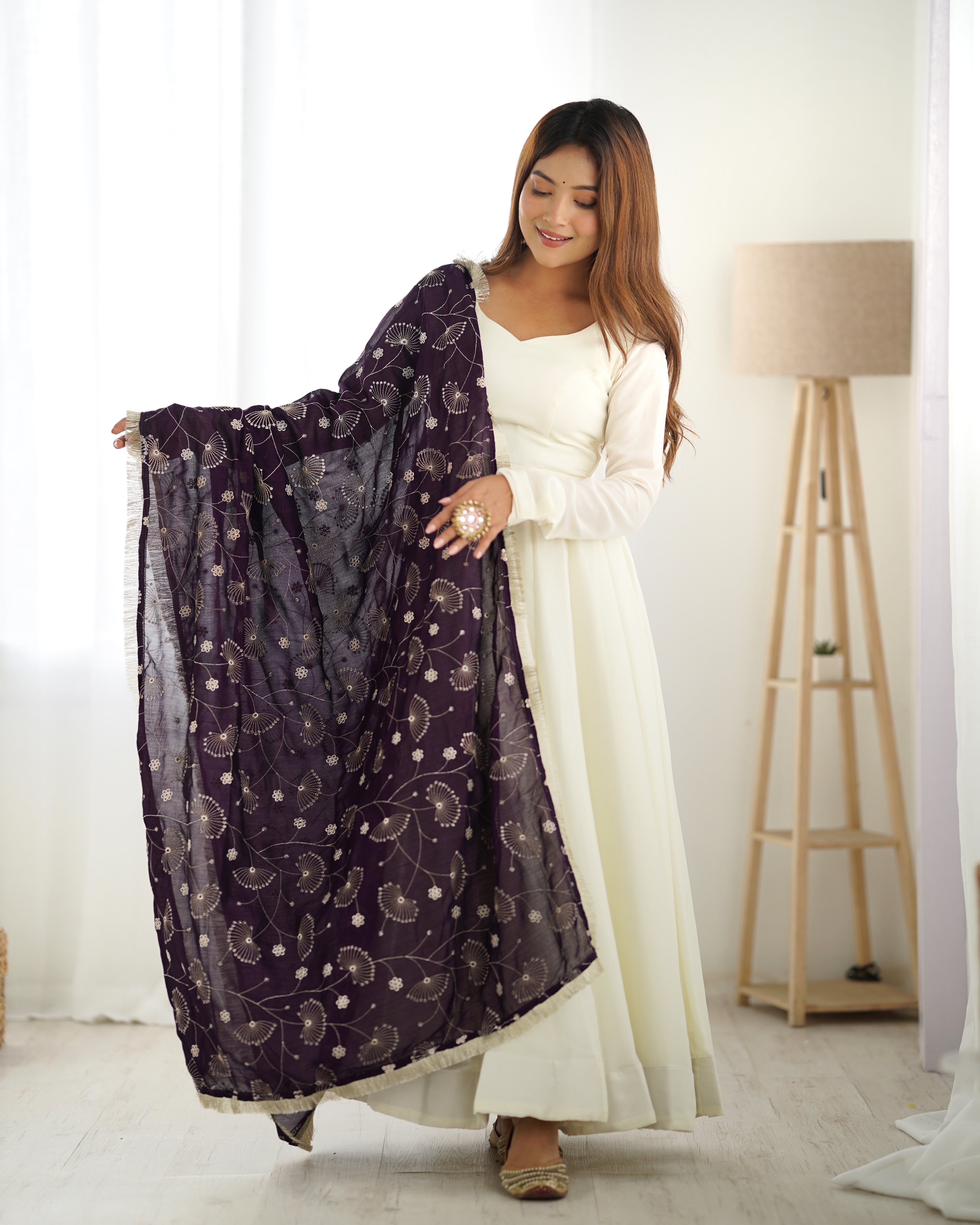 White Silk Anarkali Suit With Purple Dupatta 9