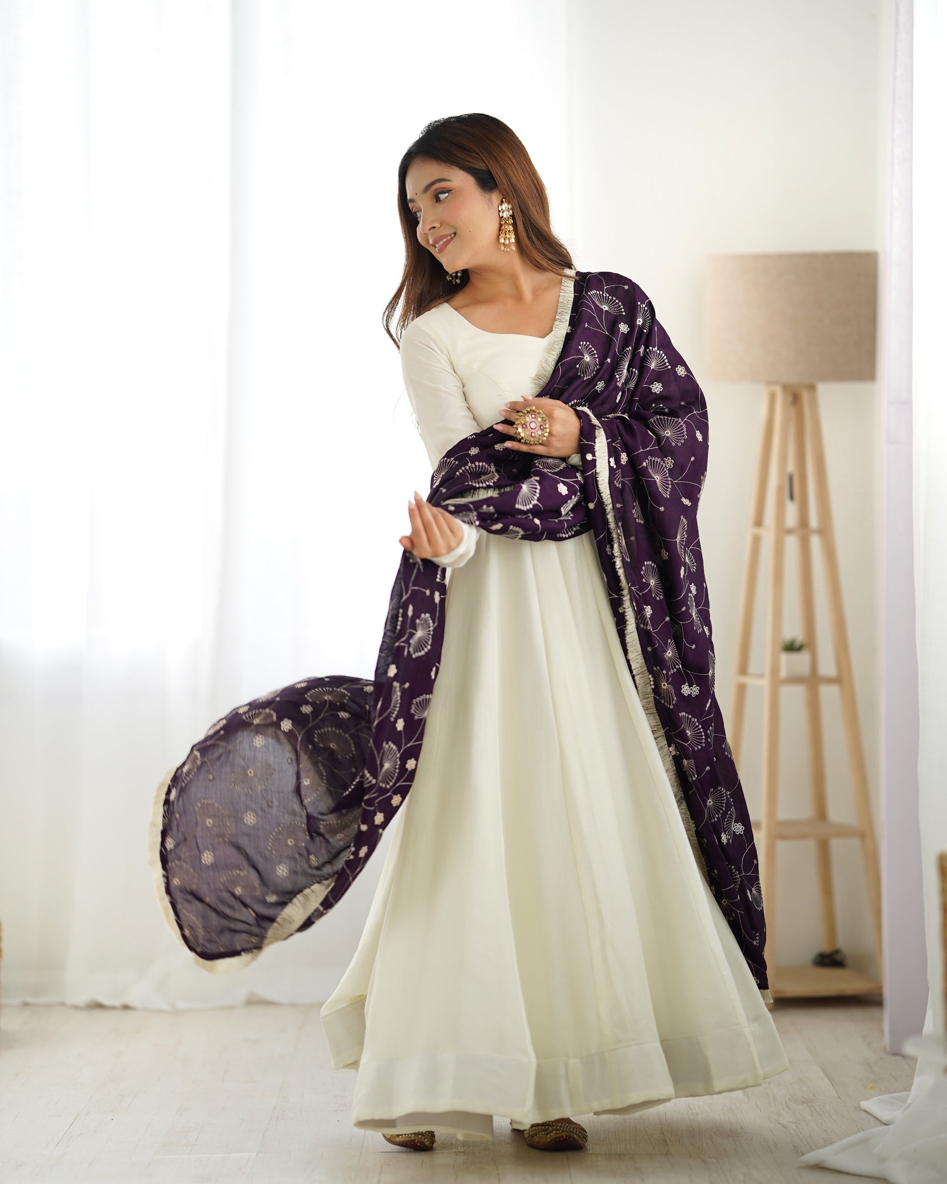 White Silk Anarkali Suit With Purple Dupatta main