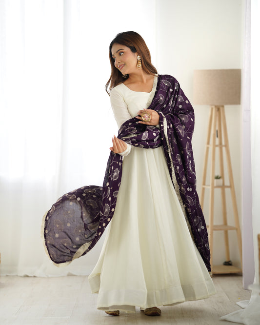 White Silk Anarkali Suit With Purple Dupatta main