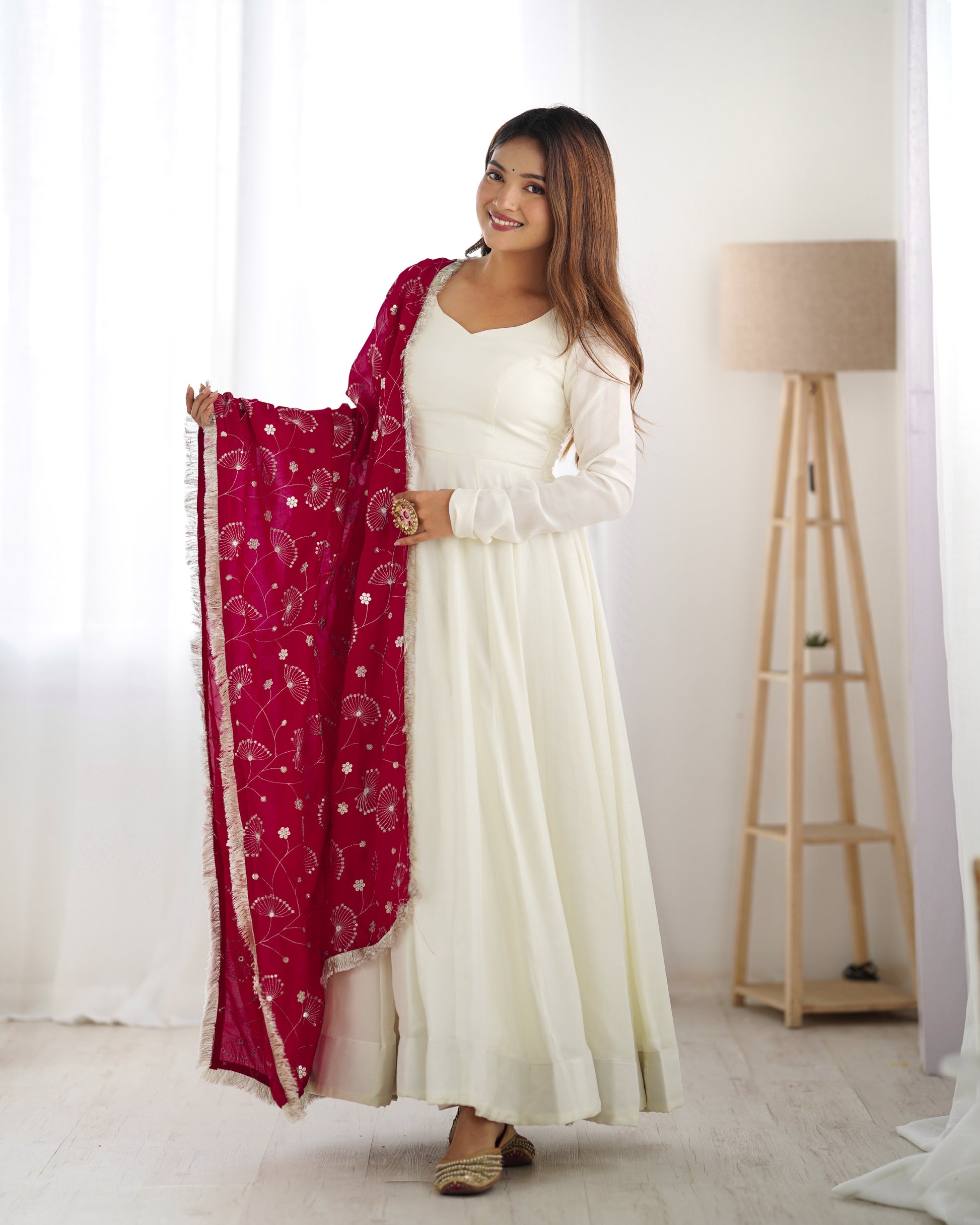 White Silk Anarkali Suit With Purple Dupatta 1