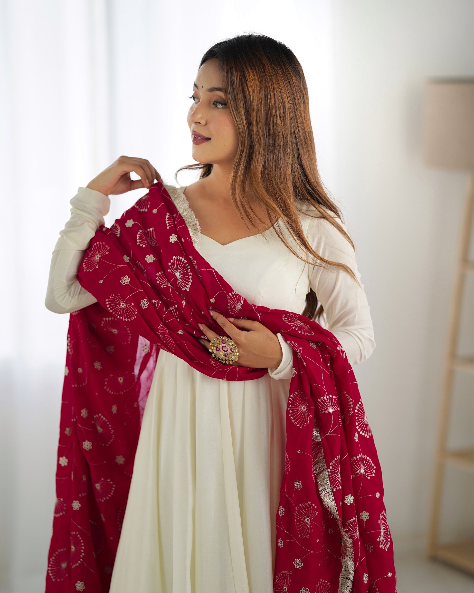 White Silk Anarkali Suit With Red Dupatta 2