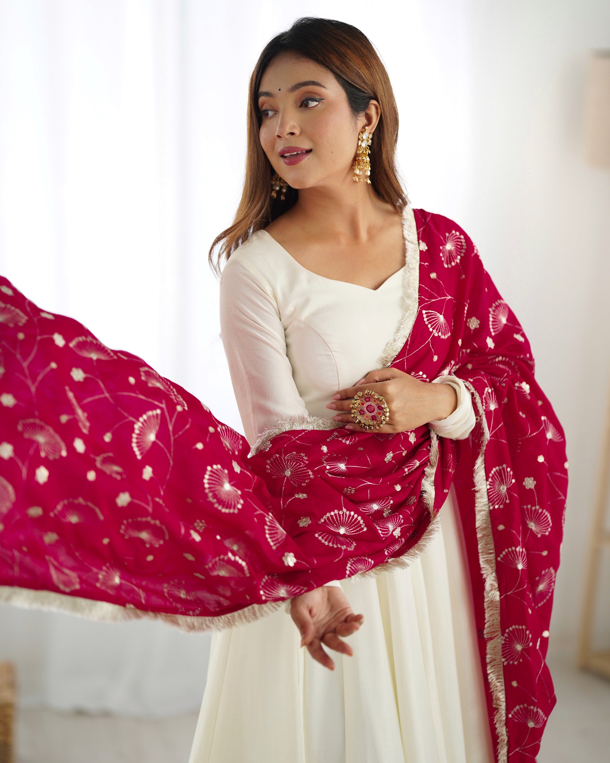 White Silk Anarkali Suit With Red Dupatta 5