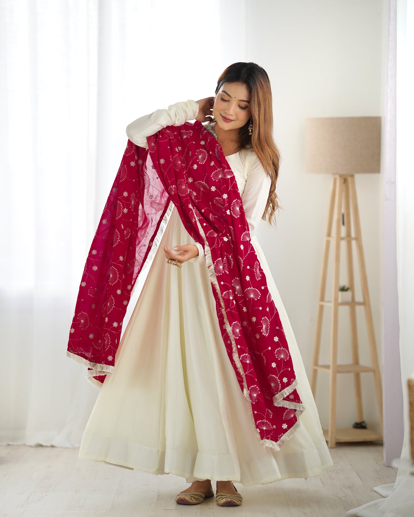 White Silk Anarkali Suit With Red Dupatta 6
