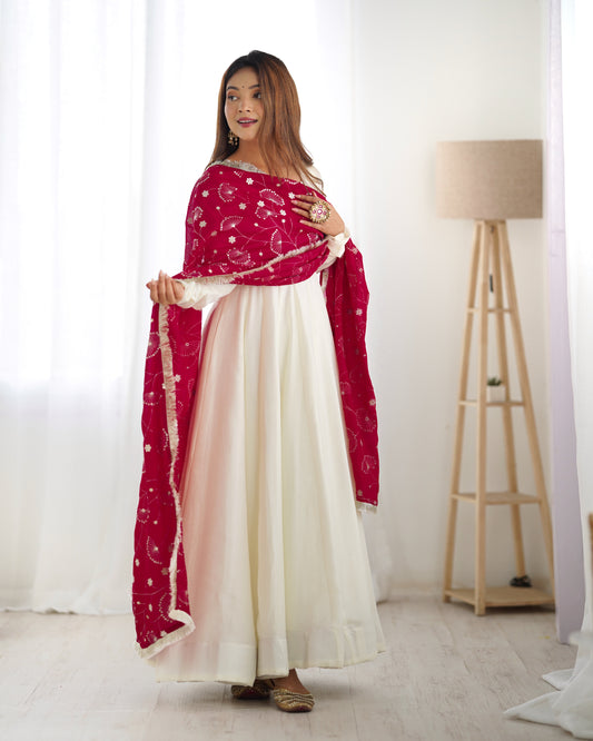 White Silk Anarkali Suit With Red Dupatta main