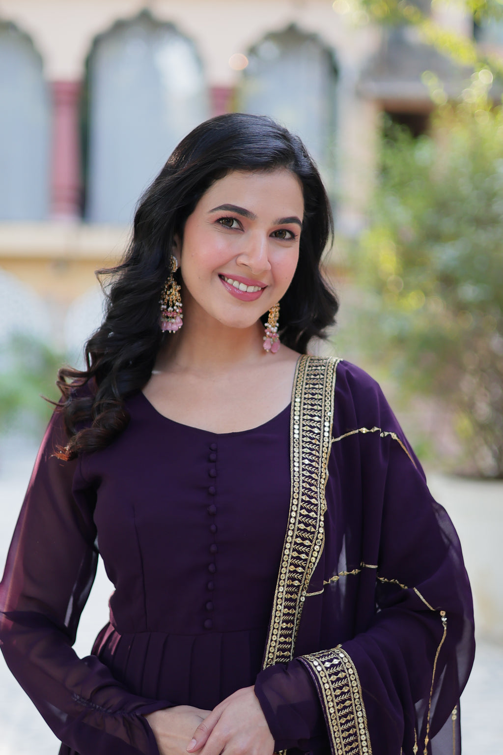 Wine Georgette Embroidered  Gown 