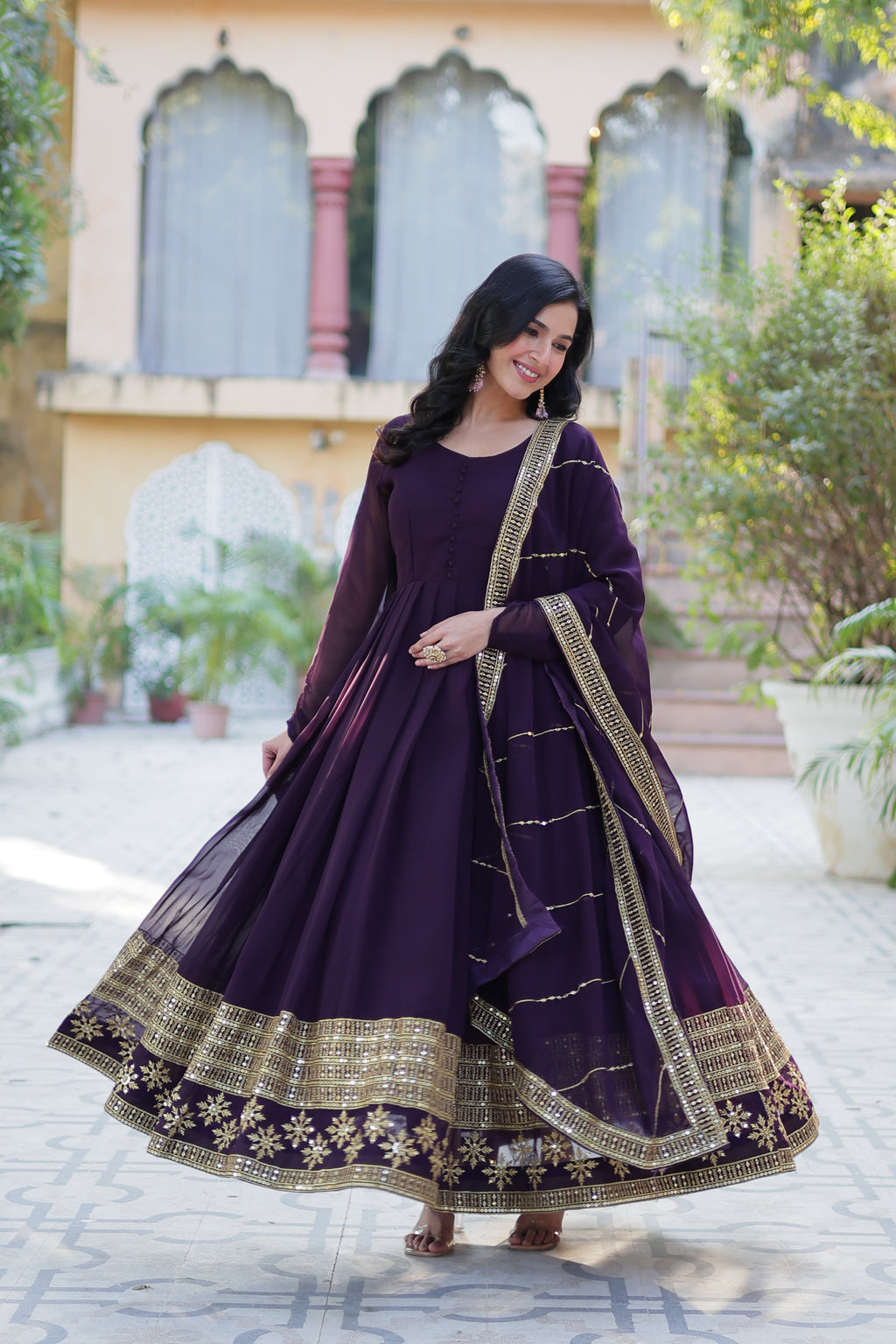 Wine Georgette Embroidered  Gown 