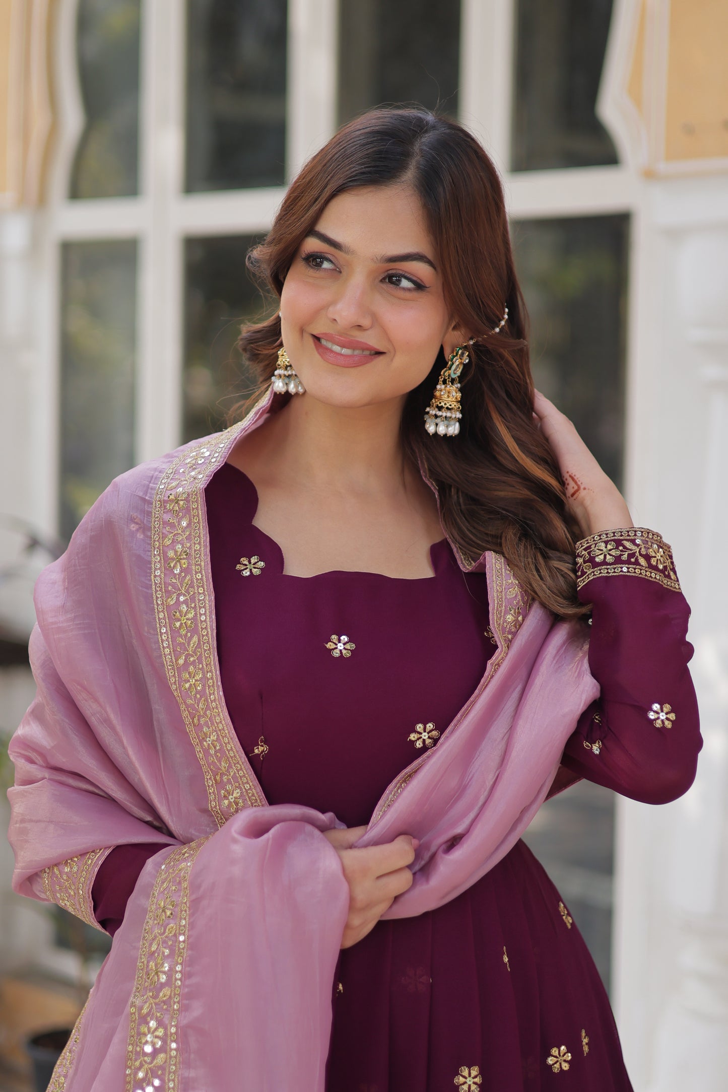 Wine Georgette Embroidery Ethnic Indian Dresses