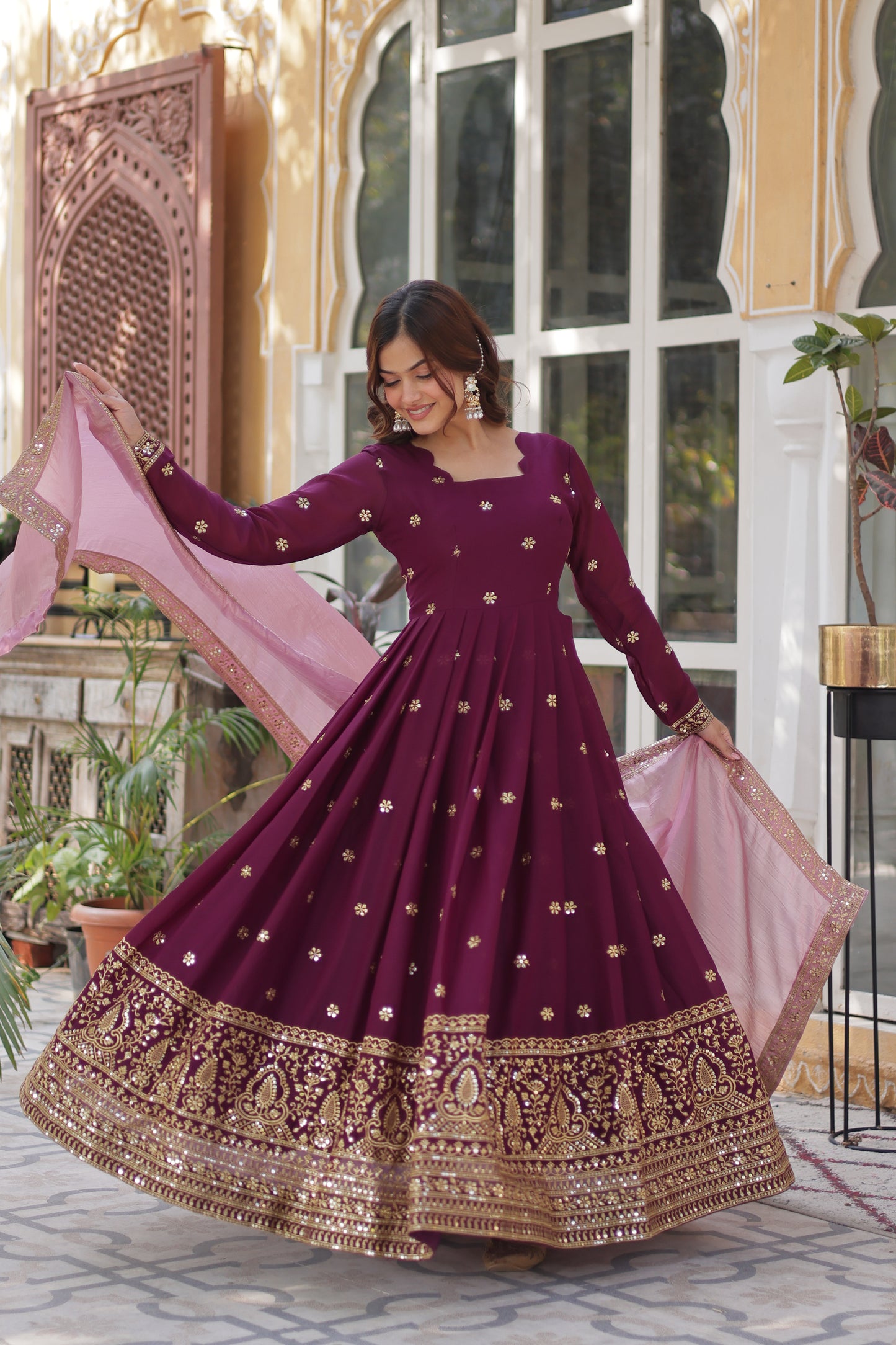 Wine Georgette Embroidery Ethnic Indian Dresses